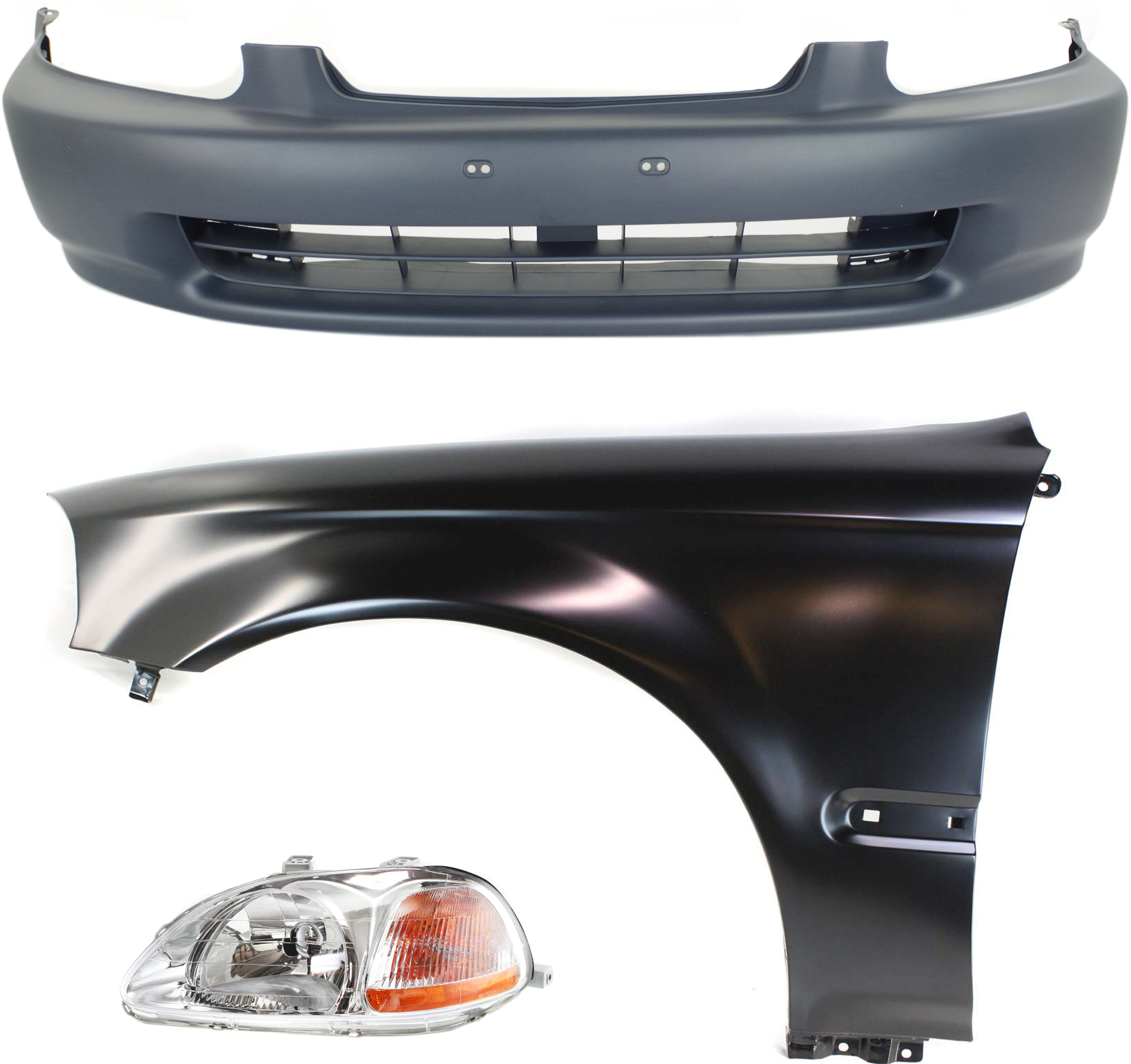 AM CIVIC 96-98 FRONT BUMPER COVER 3 pc Kit with Fender and Headlight SKU KIT 110916-95 Partslink HO1000172 HO1240143 HO2518101 OEM 04711S01A00ZZ 60261S04A00ZZ 33