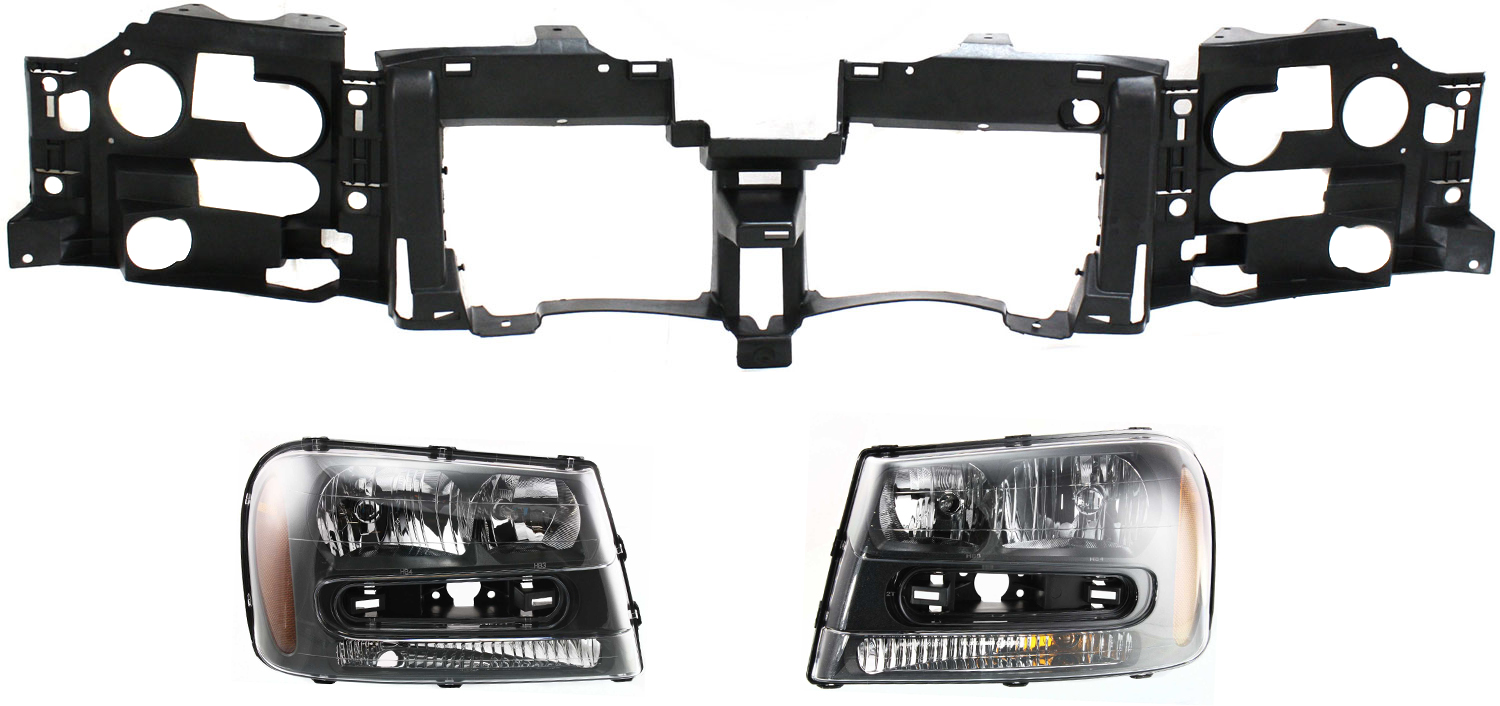 AM TRAILBLAZER 02-09 TRAILBLAZER EXT 02-06 HEAD LAMP RH AND LH Assembly Halogen 3 pc Kit with Header Panel SKU KIT 110916-96 Partslink GM2502213 GM2503213 GM1221125 OEM 25970914-25970915-15831182
