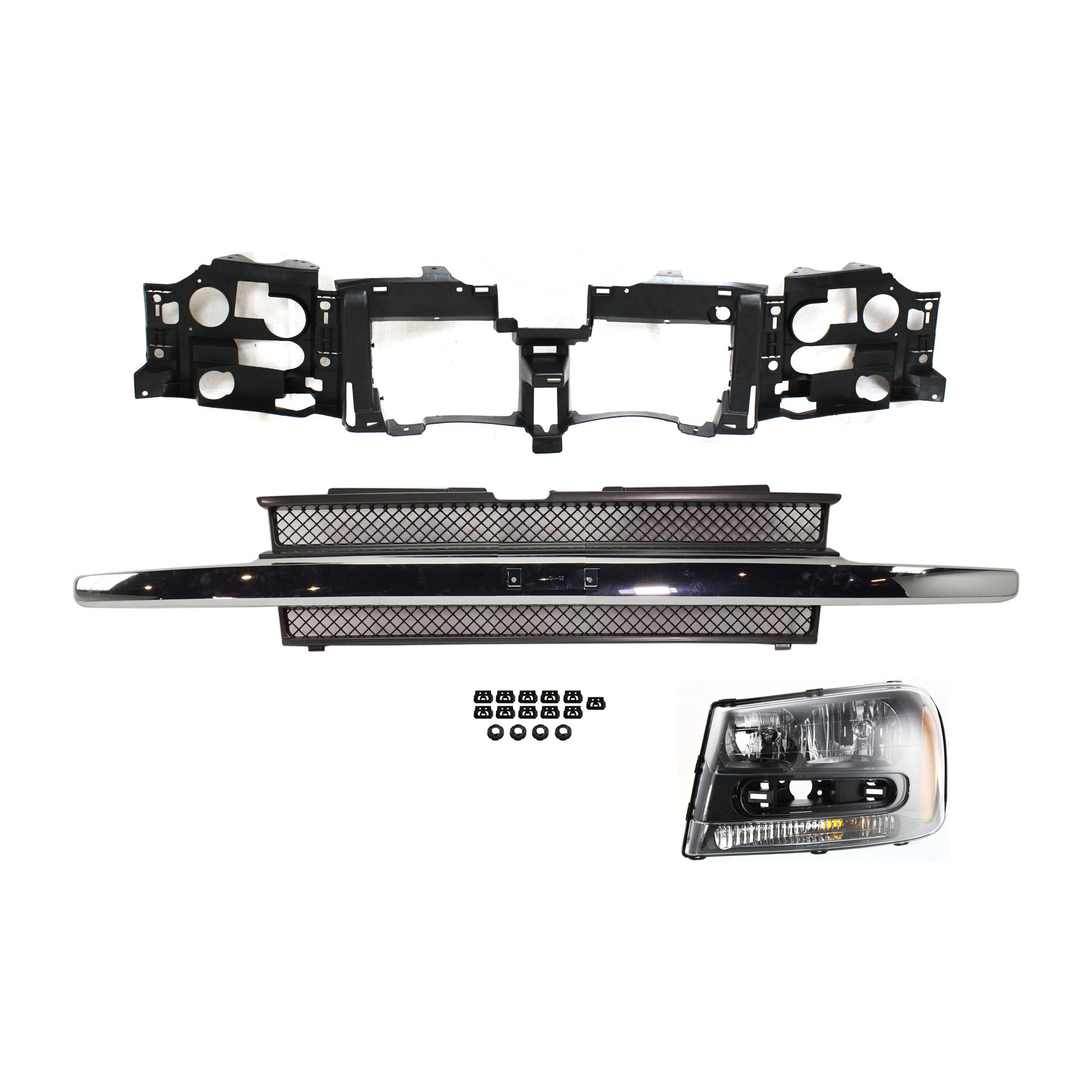 AM TRAILBLAZER TRAILBLAZER EXT 02-09 HEAD LAMP LH Assembly Halogen 3 pc Kit with Grille Assembly and Header Panel SKU KIT 110916-97 Partslink GM2502213 GM1200477 GM1221125 OEM 25970915-10358128-15831182