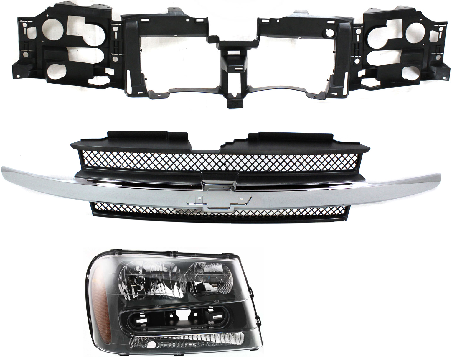 AM TRAILBLAZER TRAILBLAZER EXT 02-09 HEAD LAMP RH Assembly Halogen 3 pc Kit with Grille Assembly and Header Panel SKU KIT 110916-98 Partslink GM2503213 GM1200477 GM1221125 OEM 25970914-10358128-15831182