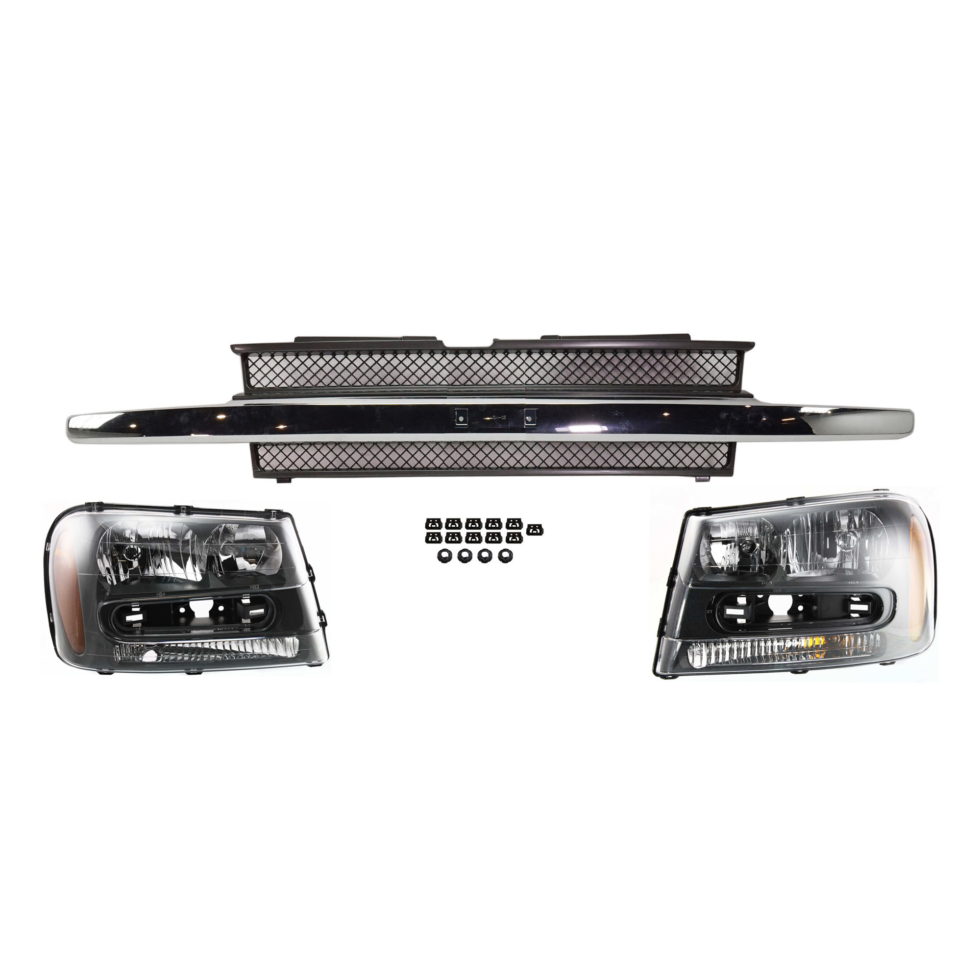 AM TRAILBLAZER TRAILBLAZER EXT 02-09 HEAD LAMP RH AND LH Assembly Halogen 3 pc Kit with Grille Assembly SKU KIT 111016-01 Partslink GM2502213 GM2503213 GM1200477 OEM 25970914-25970915-10358128