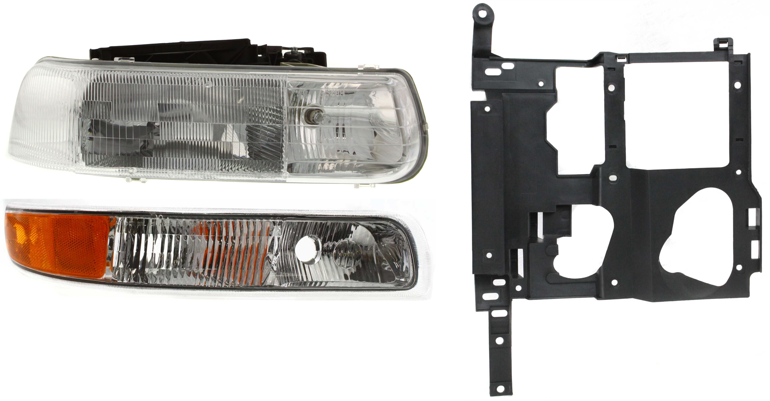 AM SILVERADO 1500-2500-99-02 TAHOE 00-06 HEAD LAMP RH Assembly Halogen 3 pc Kit with Headlight Bracket and Parking Light SKU KIT 111016-02 Partslink GM2503187 GM1221122 GM2521173 OEM 16526134-15798920-15199559