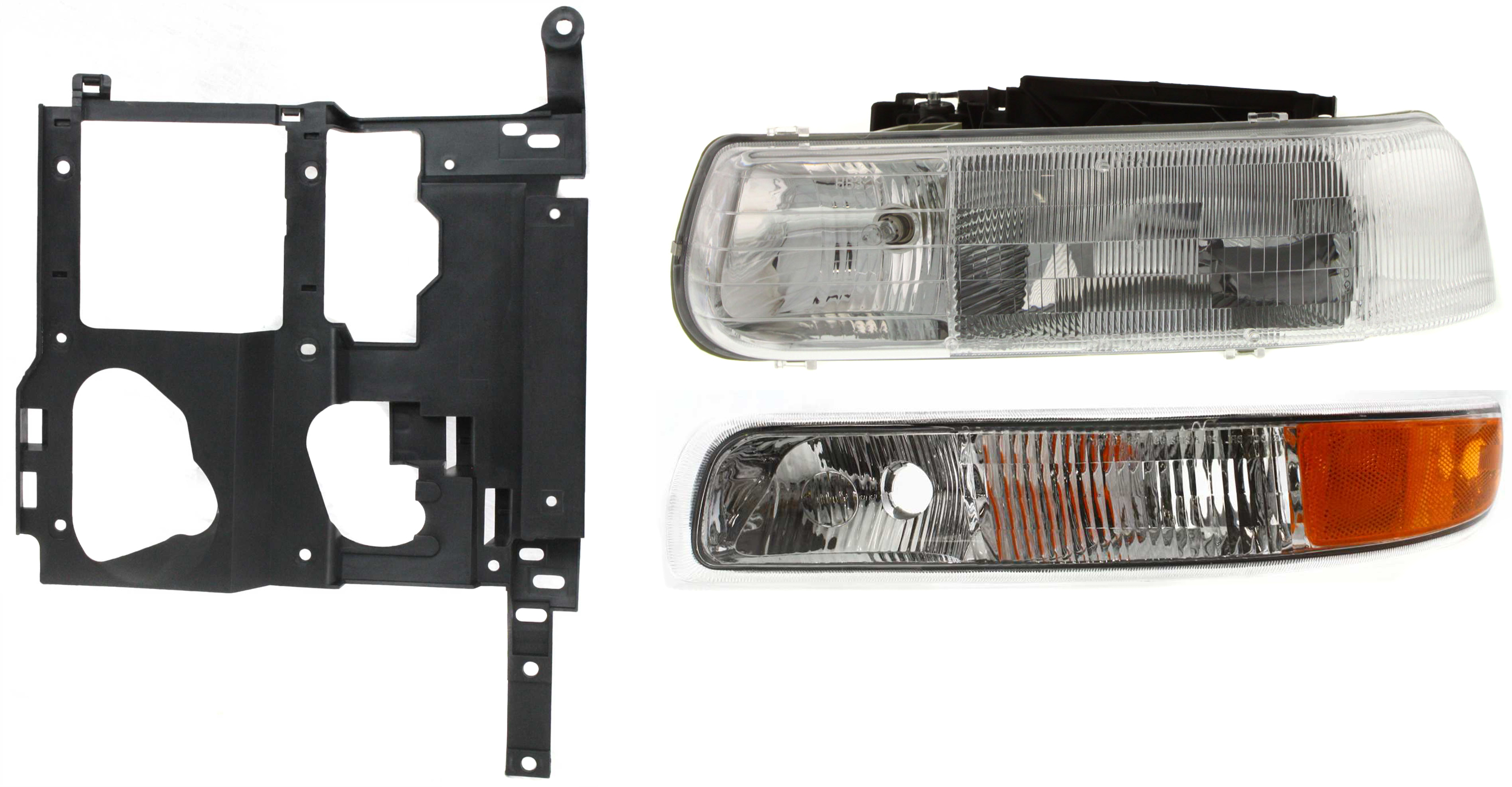 AM SILVERADO 1500-2500-99-02 TAHOE 00-06 HEAD LAMP LH Assembly Halogen 3 pc Kit with Headlight Bracket and Parking Light SKU KIT 111016-03 Partslink GM2502187 GM1221121 GM2520173 OEM 16526133-15798919-15199558