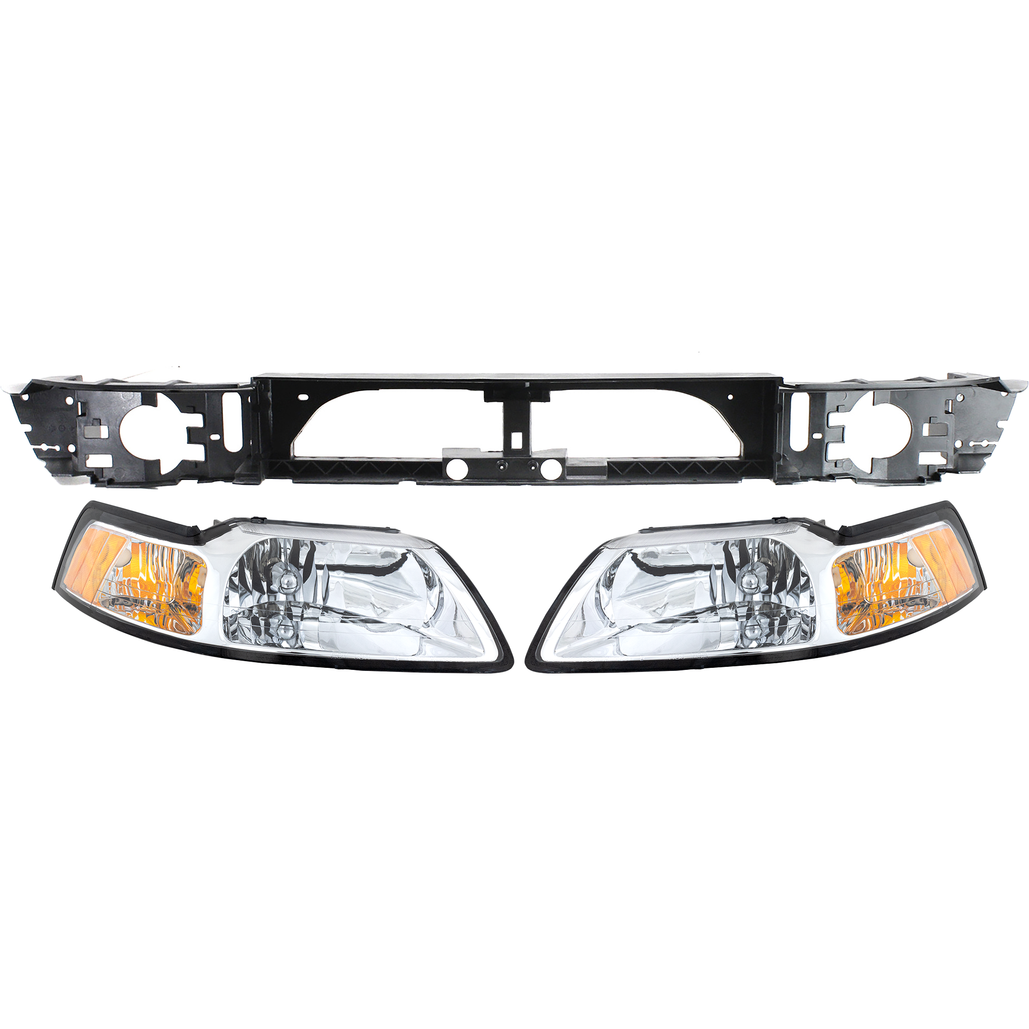 AM MUSTANG 99-00 HEAD LAMP RH AND LH Assembly Halogen 3 pc Kit with Header Panel SKU KIT 111016-10 Partslink FO2502160 FO2503160 FO1221119 OEM YR3Z13008AA YR3Z13008BA 3R3Z8A