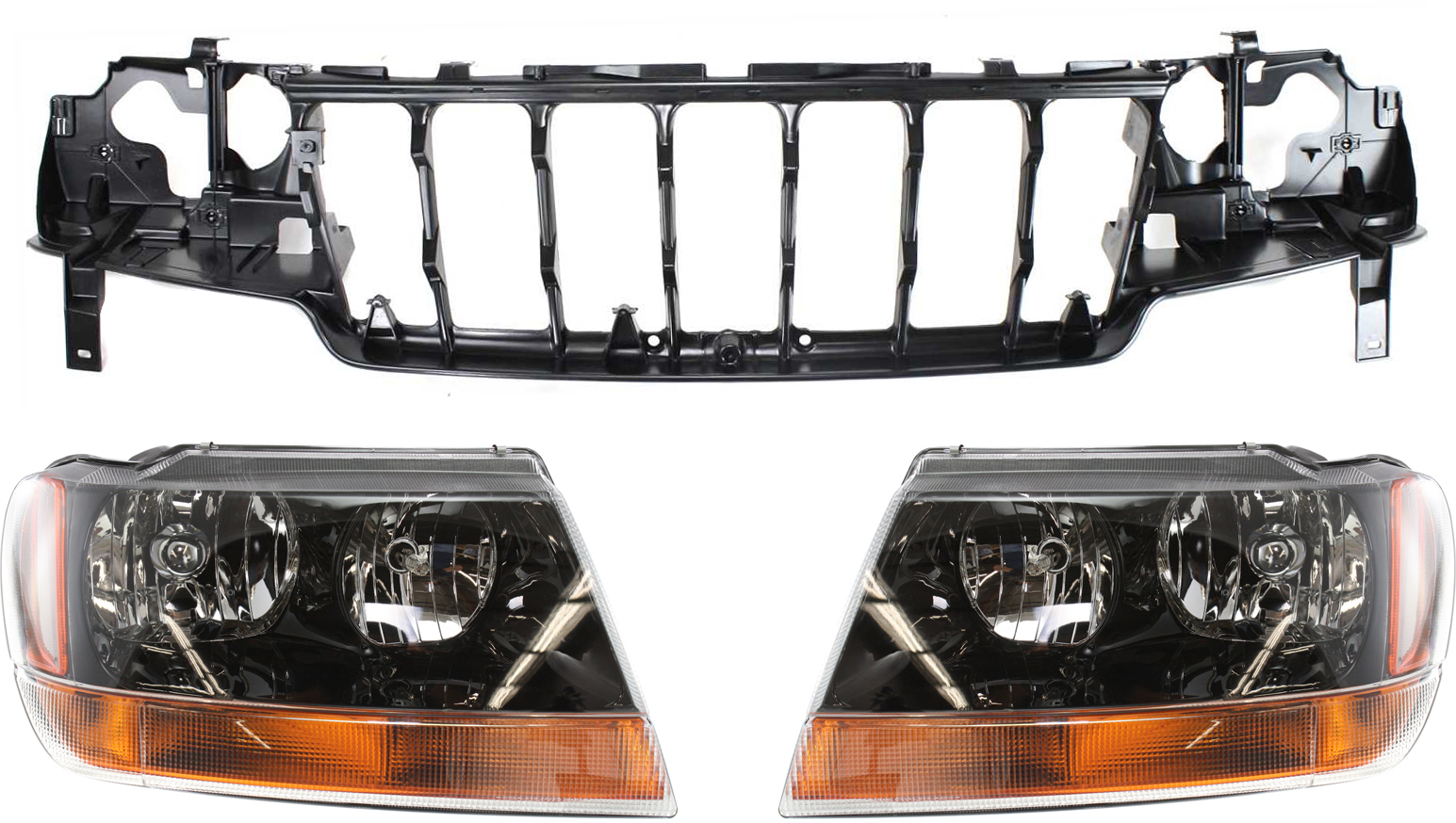 AM GRAND CHEROKEE 99-03 HEADER PANEL 3 pc Kit ABS Plastic with Headlight SKU KIT 111016-13 Partslink CH1220116 CH2502121 CH2503121 OEM 5103400AA 5103401AA 55155498AB