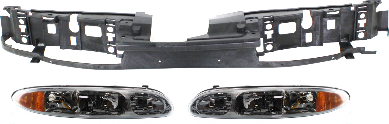 AM ALERO 99-04 HEAD LAMP RH AND LH Assembly Halogen 3 pc Kit with Header Panel SKU KIT 111016-17 Partslink GM2502203 GM2503203 GM1221114 OEM 22689651-22689652-22619078