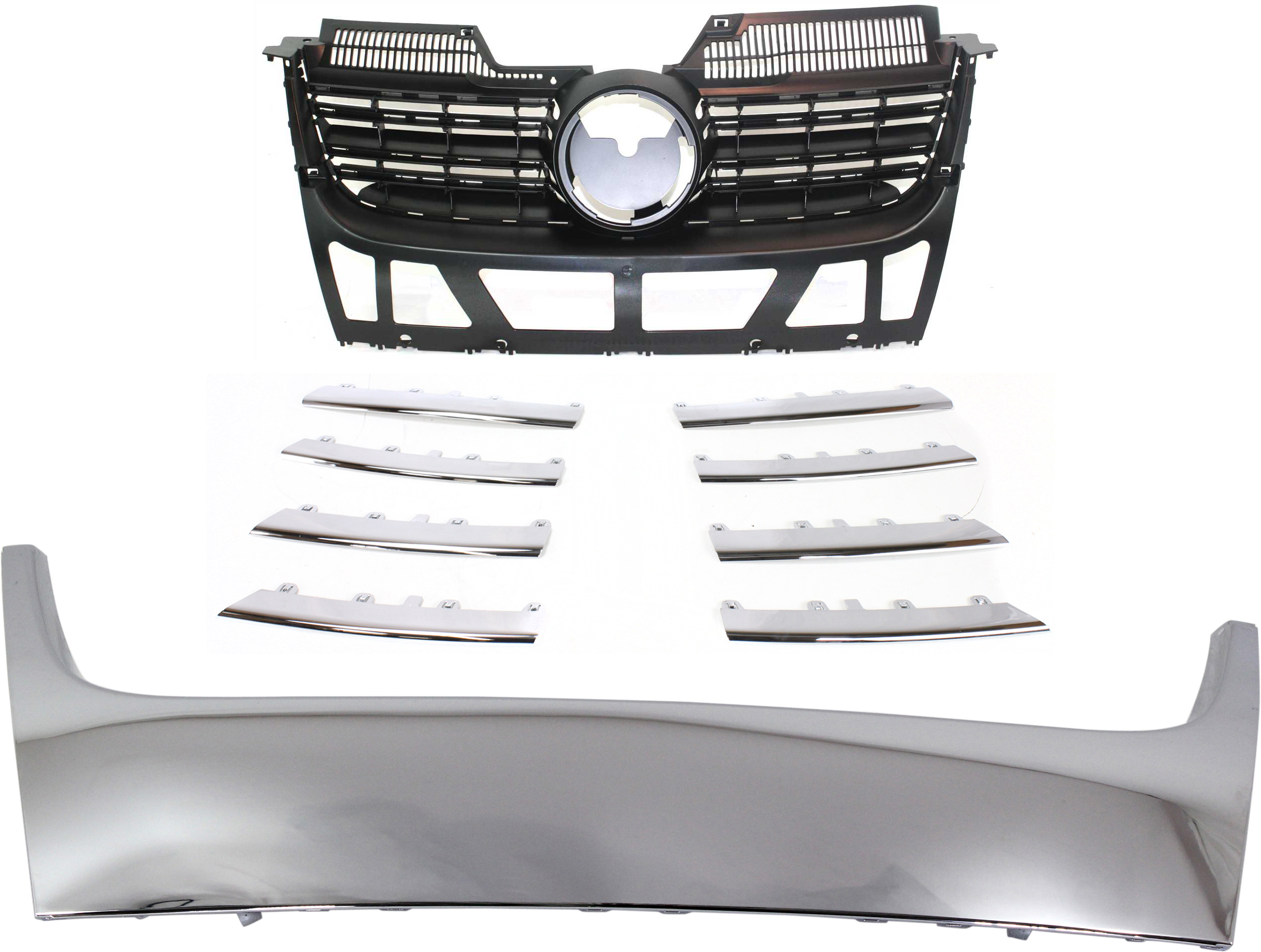 AM JETTA 05-10 GRILLE MOLDING Lower 10 pc Kit with Grille SKU KIT 111016-27 Partslink VW1210100 VW1211100 VW1200139 OEM 1K5853761A2ZZ 1KM898653-1K5853