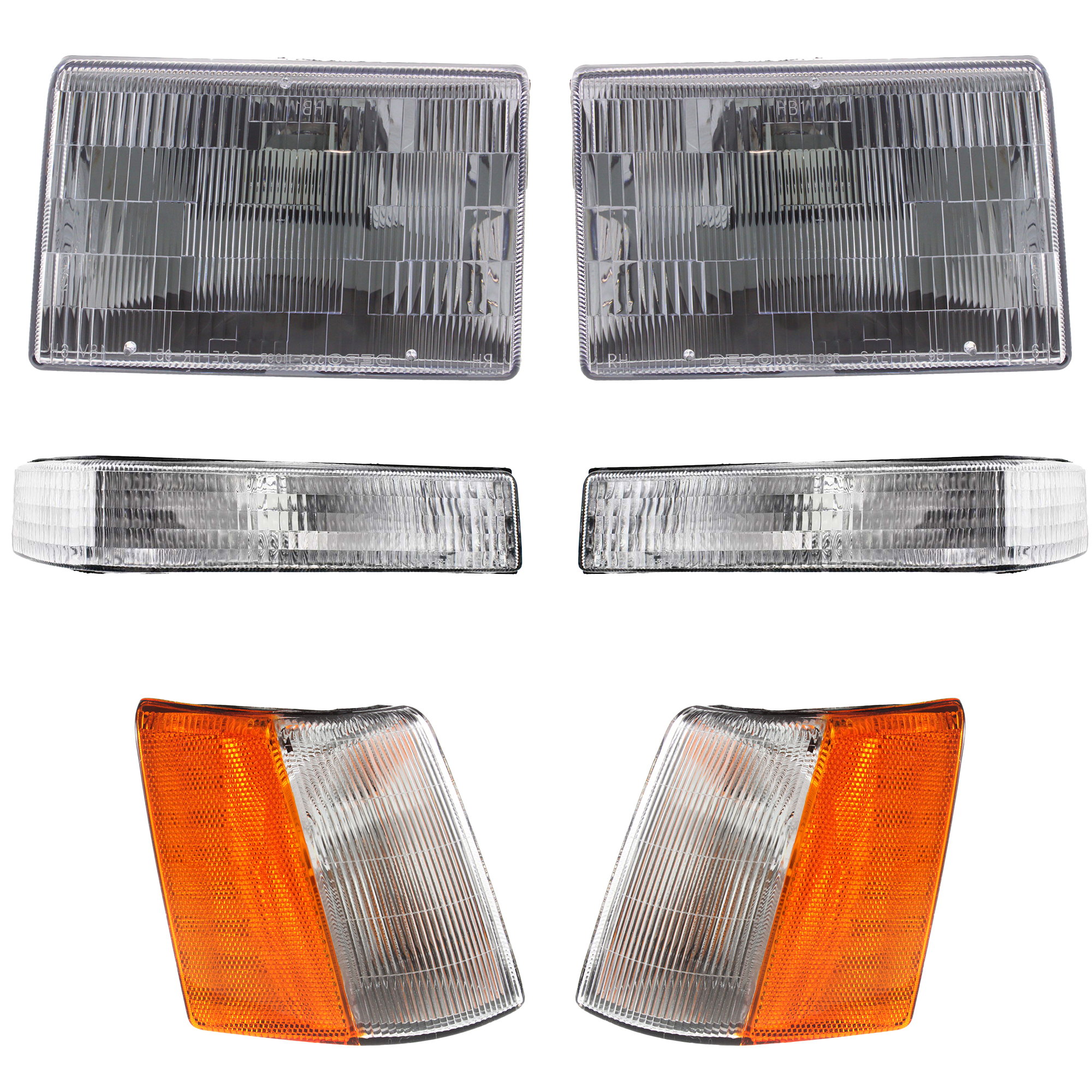 AM GRAND CHEROKEE 97-98 HEAD LAMP RH AND LH Assembly Halogen 6 pc Kit with Corner Lights and Turn Signal Lights SKU KIT 111016-31 Partslink CH2503104 CH2502104 CH2520121 CH2521121 CH2520128 CH2521128 OEM 55155126-55055118AB 55155127-5