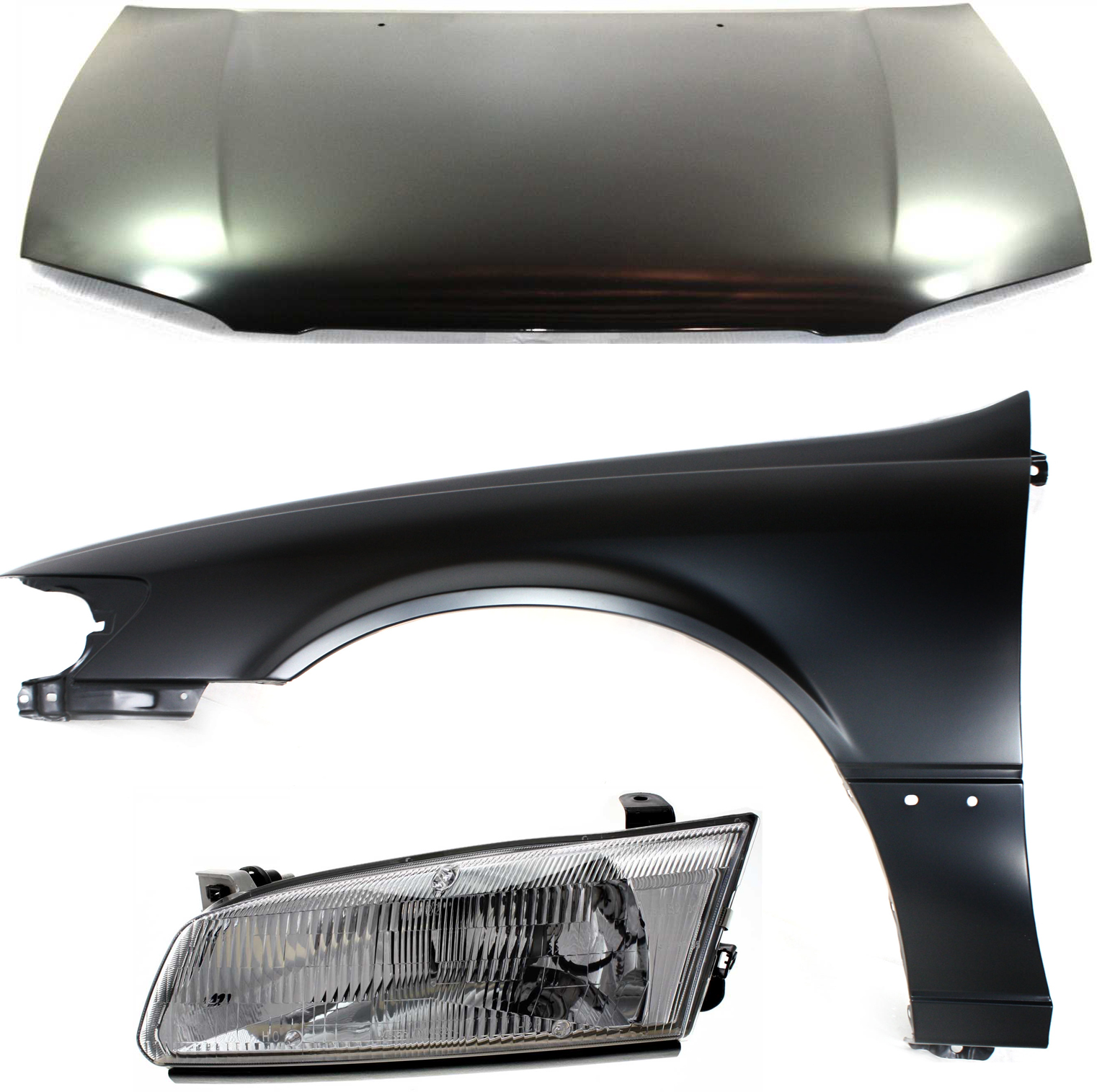 AM CAMRY 97-99 HOOD 3 pc Kit USA Built with Fender and Headlight SKU KIT 111016-35 Partslink TO1230167 TO1240162 TO2502117 OEM 53301AA040-53812AA020-81150AA0