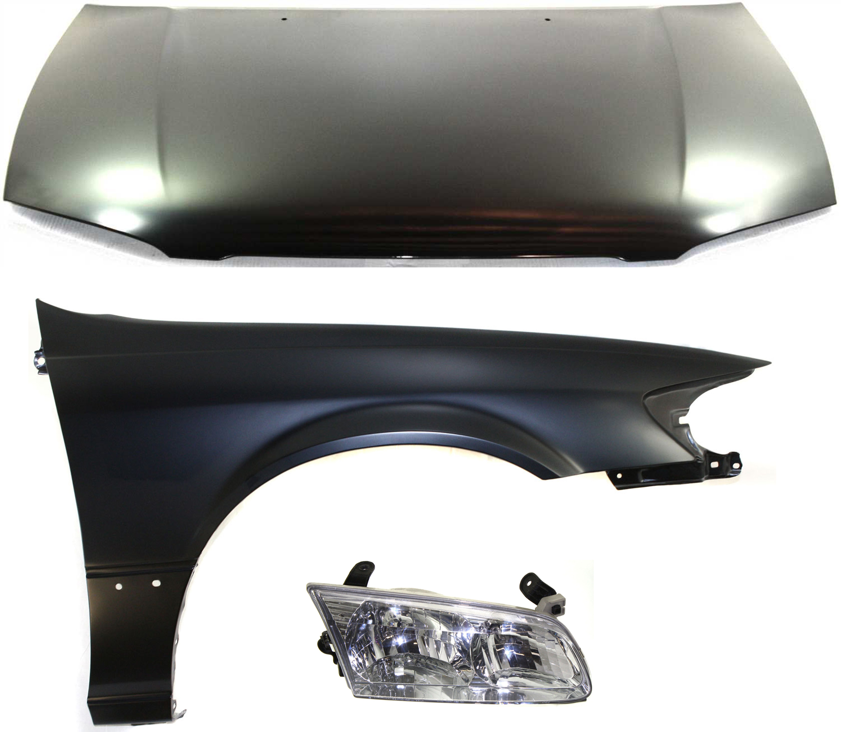 AM CAMRY 00-01 HOOD 3 pc Kit USA Built with Fender and Headlight SKU KIT 111016-39 Partslink TO1230167 TO1241162 TO2503130 OEM 53301AA040-53811AA020-81110AA0