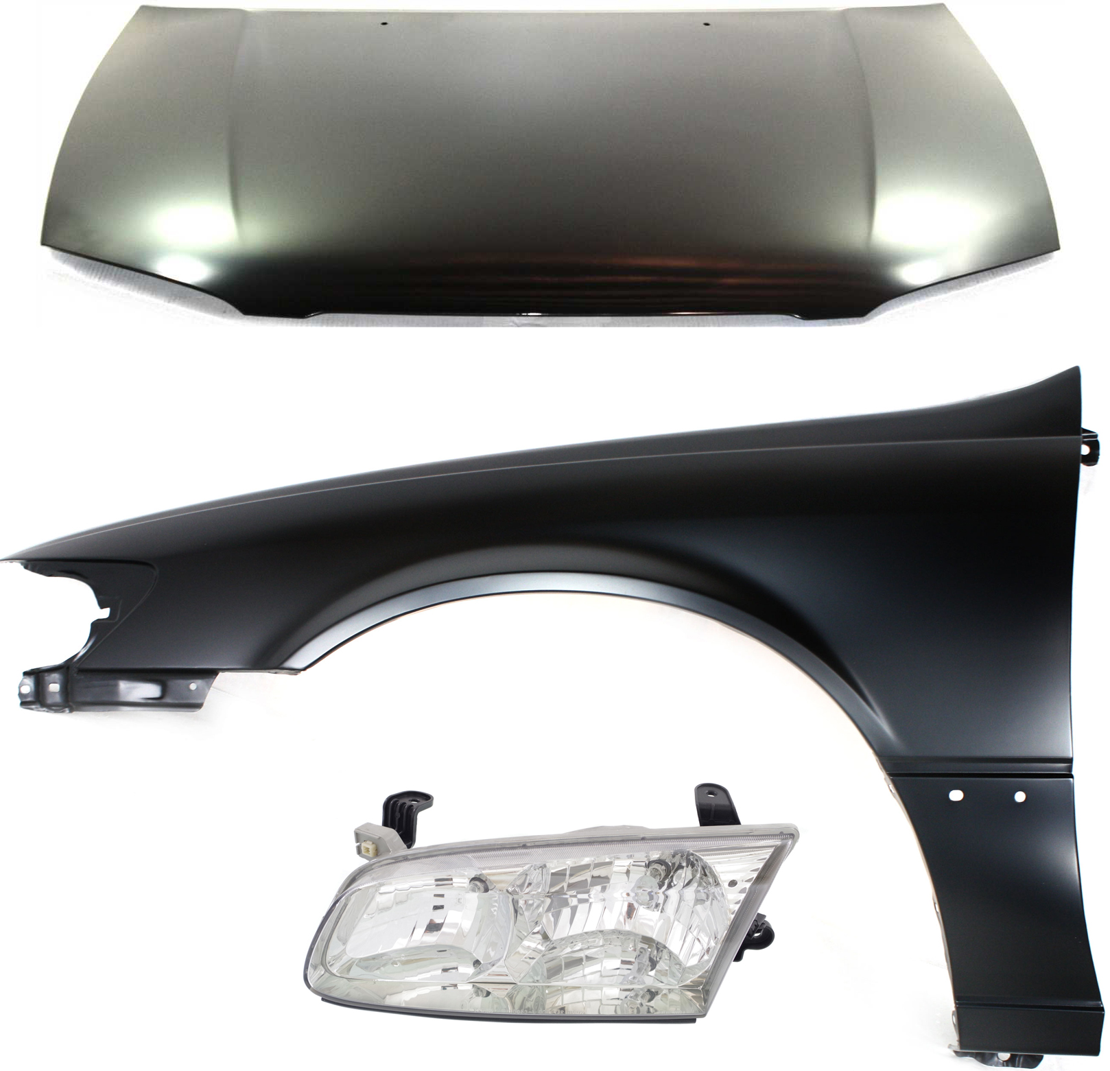 AM CAMRY 00-01 HOOD 3 pc Kit USA Built with Fender and Headlight SKU KIT 111016-40 Partslink TO1230167 TO1240162 TO2502130 OEM 53301AA040-53812AA020-81150AA0