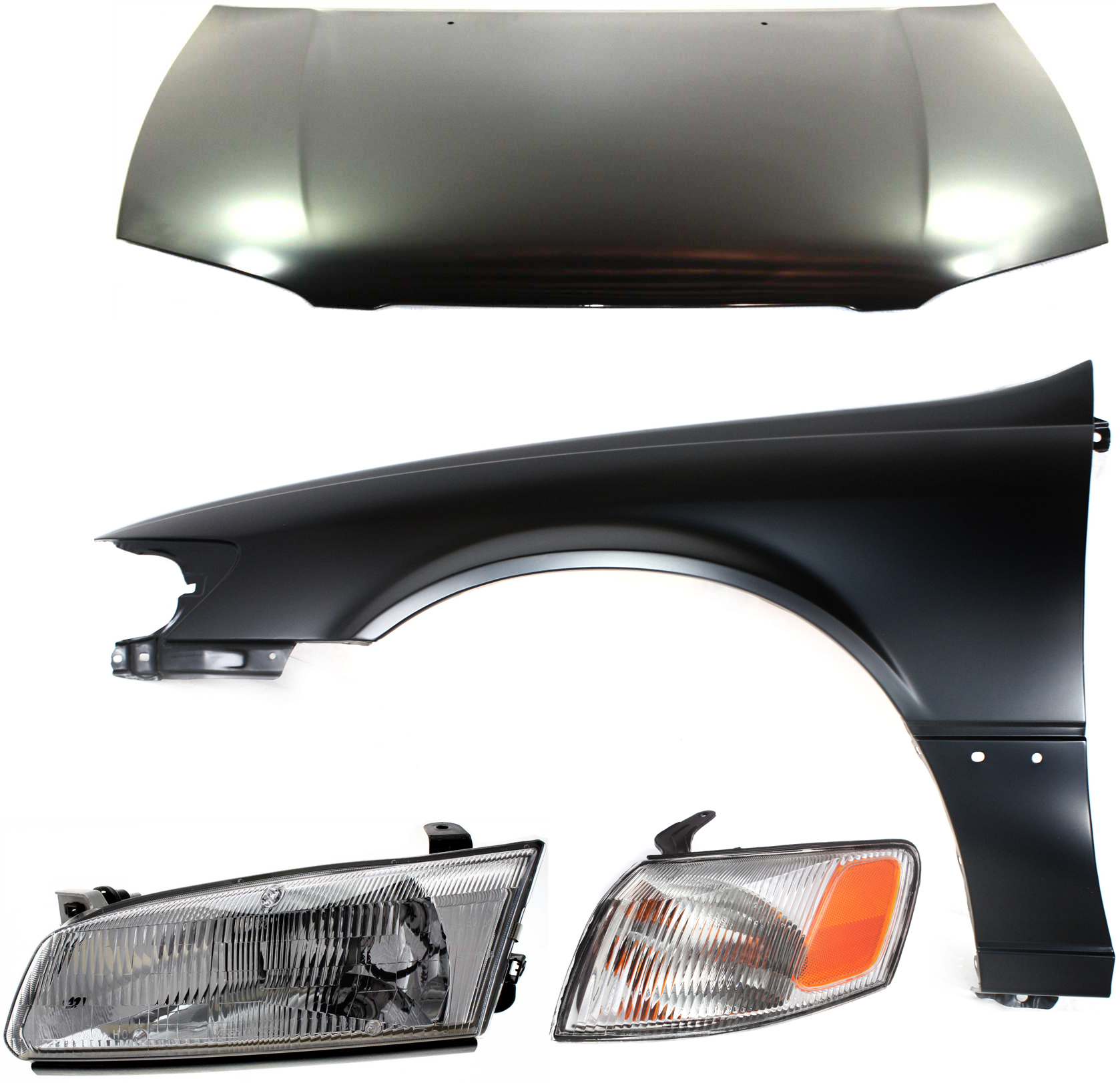 AM CAMRY 97-99 HOOD 4 pc Kit USA Built with Corner Light Fender and Headlight SKU KIT 111016-42 Partslink TO1230167 TO2530126 TO1240162 TO2502117 OEM 53301AA040-81520AA010-53812AA0