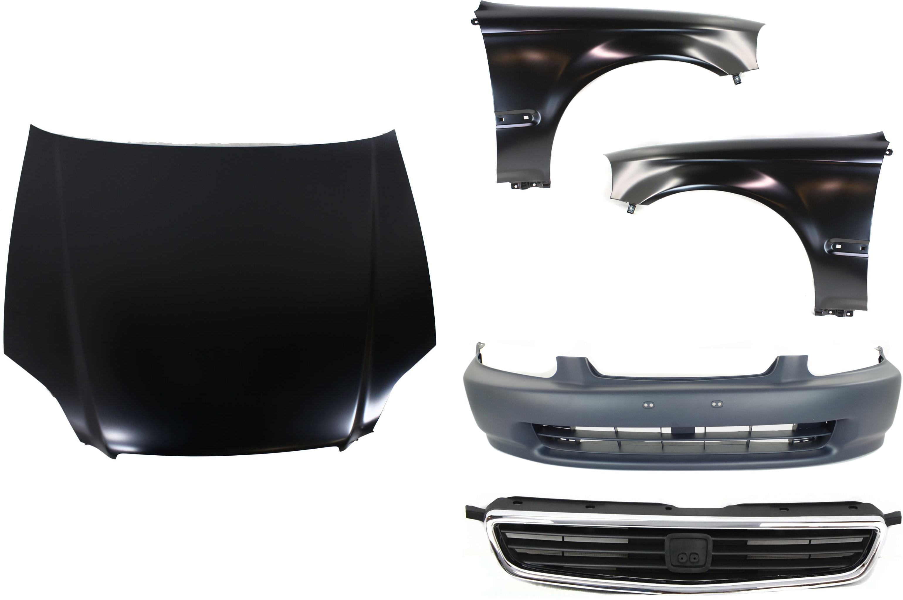 AM CIVIC 96-98 HOOD 5 pc Kit Sedan with Bumper Cover Fenders and Grille Assembly SKU KIT 111016-43 Partslink HO1230120 HO1000172 HO1240143 HO1241143 HO1200124 OEM 60100S04010ZZ 04711S01A00ZZ 60