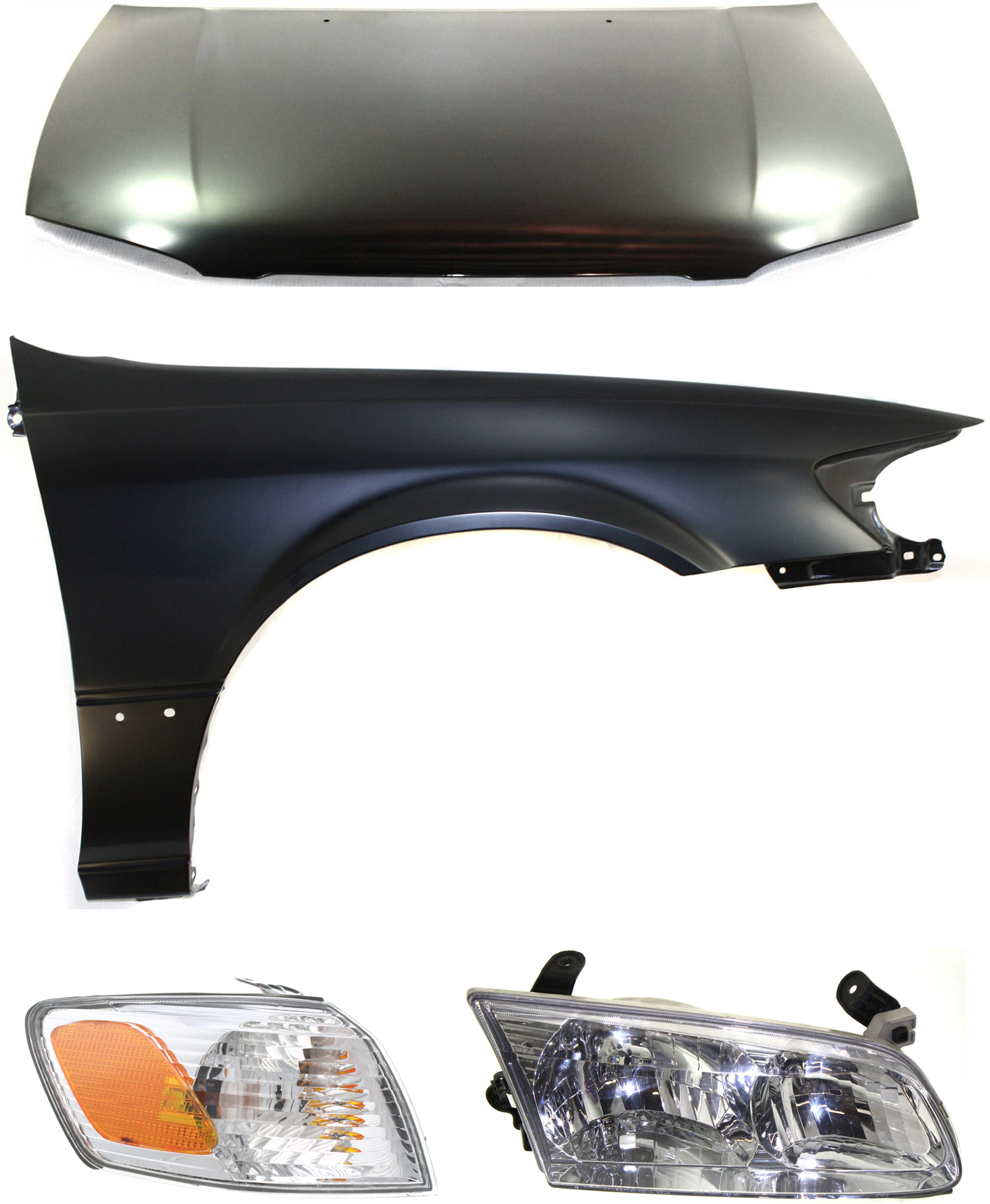 AM CAMRY 00-01 HOOD 4 pc Kit USA Built with Corner Light Fender and Headlight SKU KIT 111016-44 Partslink TO1230167 TO2531136 TO1241162 TO2503130 OEM 53301AA040-81510AA020-53811AA0