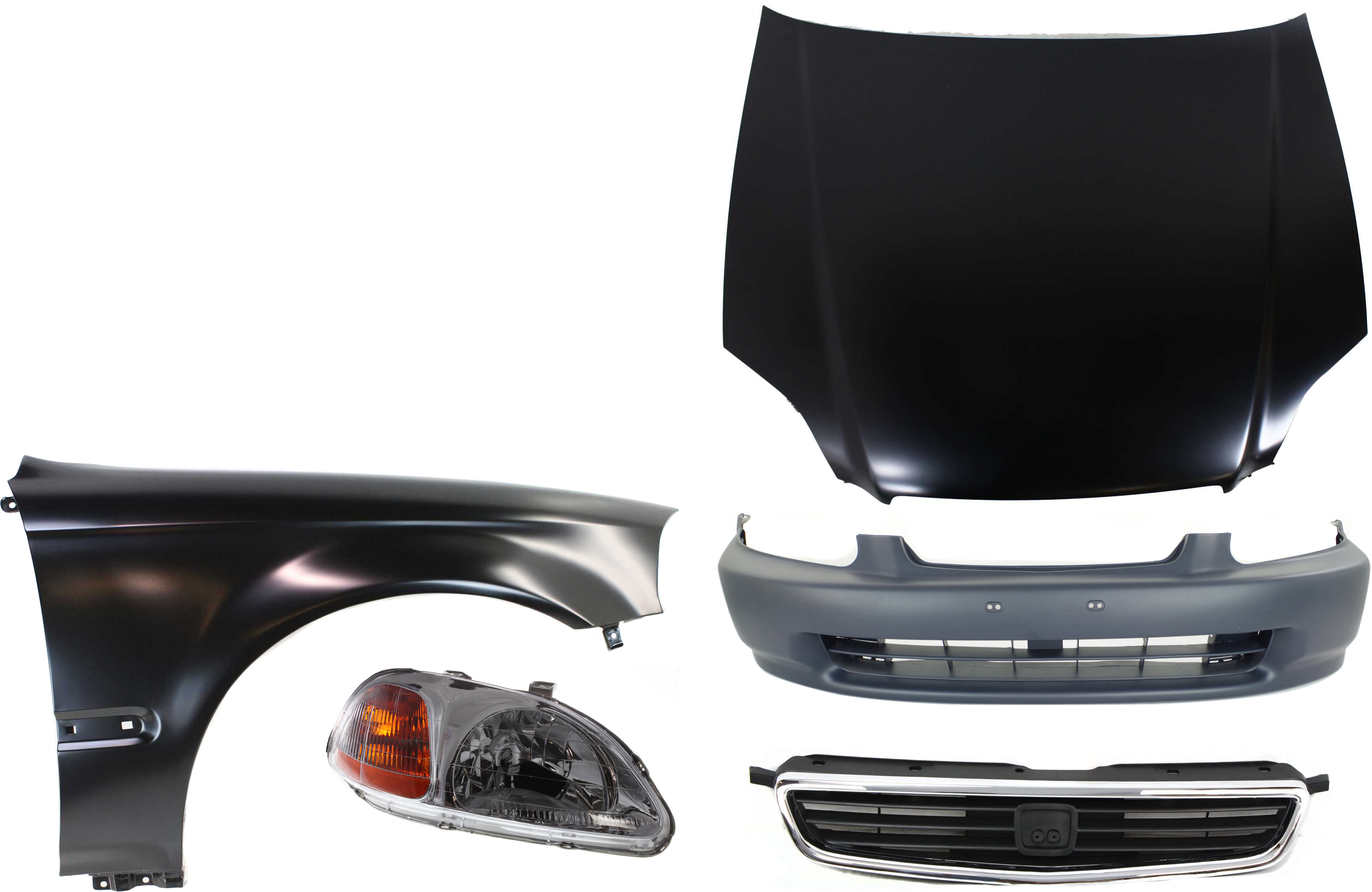 AM CIVIC 96-98 HOOD 5 pc Kit Sedan with Bumper Cover Fender Grille Assembly and Headlight SKU KIT 111016-45 Partslink HO1230120 HO1000172 HO1241143 HO1200124 HO2519101 OEM 60100S04010ZZ 04711S01A00ZZ 60