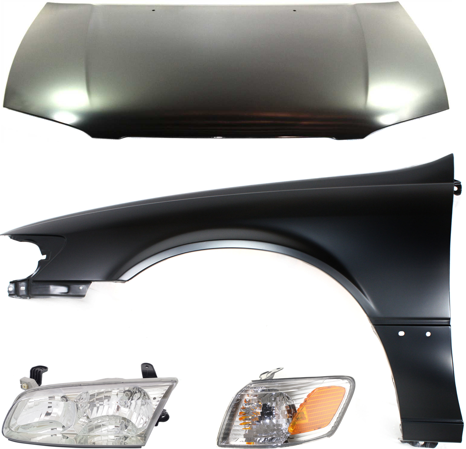 AM CAMRY 00-01 HOOD 4 pc Kit USA Built with Corner Light Fender and Headlight SKU KIT 111016-46 Partslink TO1230167 TO2530136 TO1240162 TO2502130 OEM 53301AA040-81520AA020-53812AA0