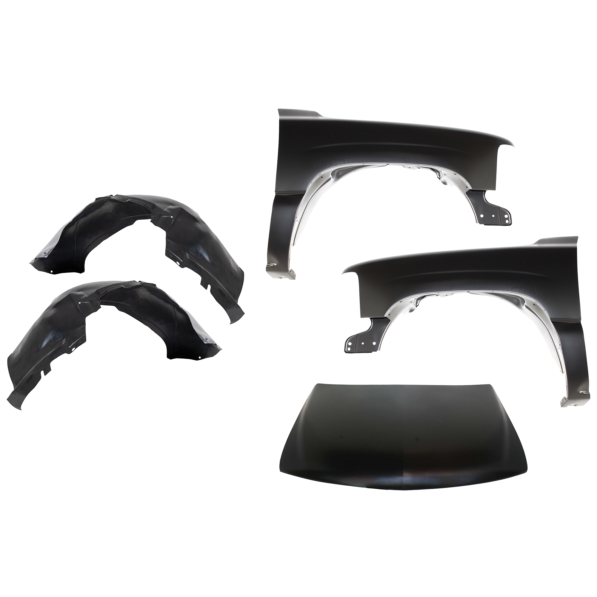 AM SILVERADO 1500-2500-99-02 SUBURBAN 1500-2500-00-06 HOOD 5 pc Kit with Fender Liners and Fenders SKU KIT 111016-62 Partslink GM1230234 GM1240267 GM1241267 GM1246110 GM1247110 OEM 12477524-19168844-12476220-151