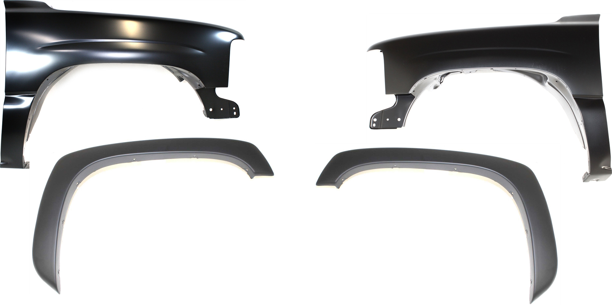 AM SILVERADO PICKUP 99-02 FRONT FENDER RH AND LH 4 pc Kit Primed w Fender Trim SKU KIT 111016-64 Partslink GM1240267 GM1241267 GM1268101 GM1269101 OEM 12476220-19168844-88979839-889