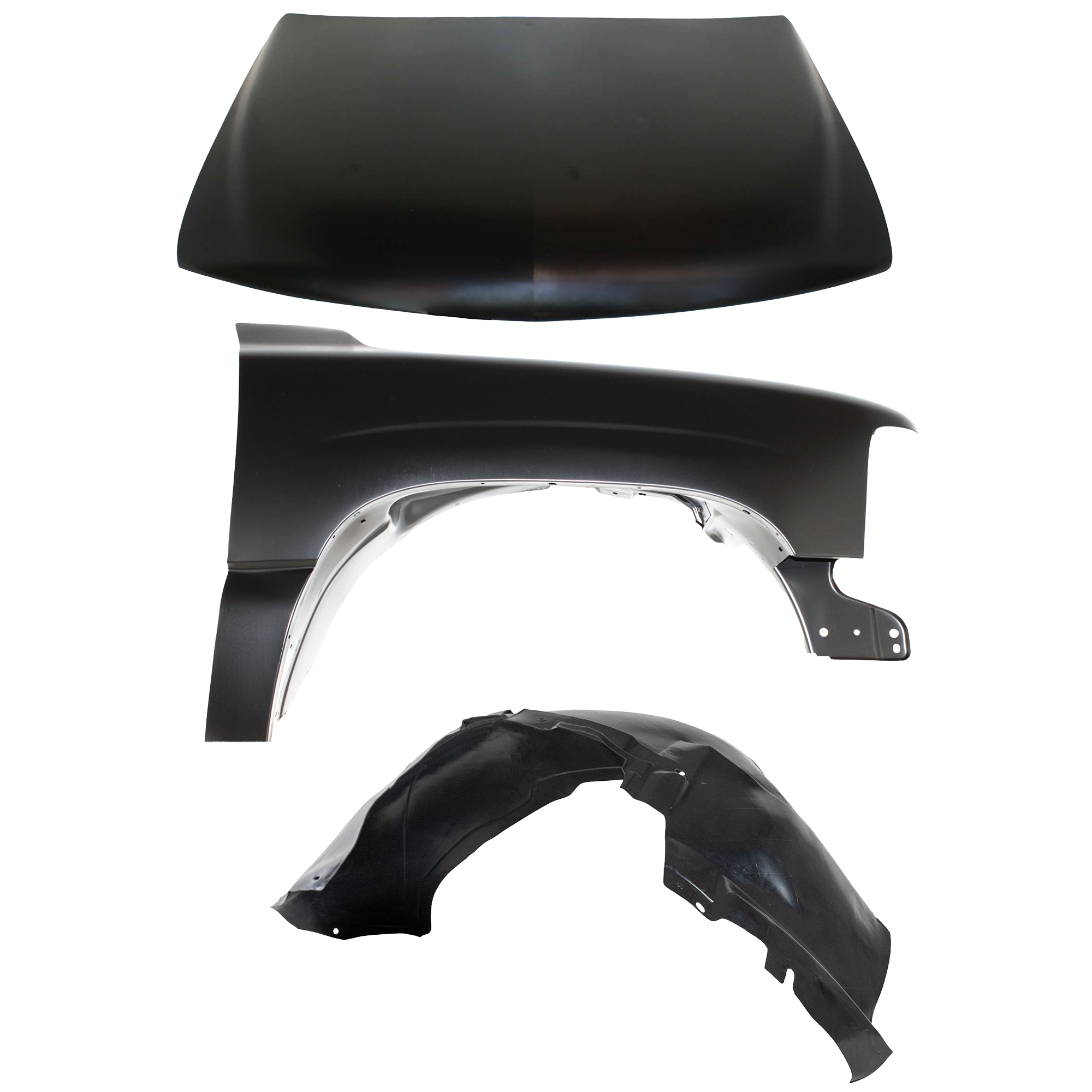 AM SILVERADO 1500-2500-99-02 SUBURBAN 1500-2500-00-06 HOOD 3 pc Kit with Fender and Fender Liner SKU KIT 111016-67 Partslink GM1230234 GM1241267 GM1247110 OEM 12477524-12476220-15095669