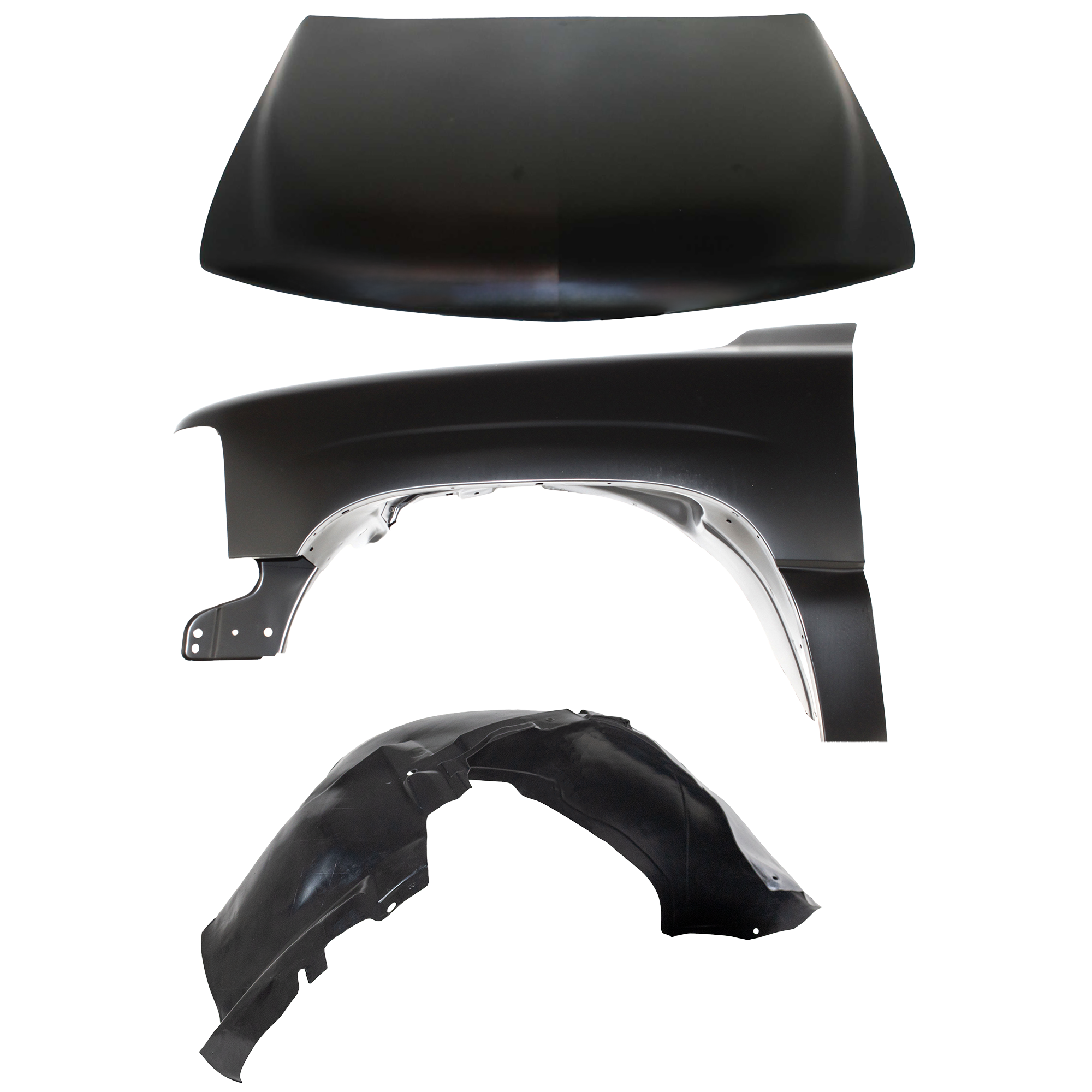 AM SILVERADO 1500-2500-99-02 SUBURBAN 1500-2500-00-06 HOOD 3 pc Kit with Fender and Fender Liner SKU KIT 111016-68 Partslink GM1230234 GM1240267 GM1246110 OEM 12477524-19168844-15186612-151
