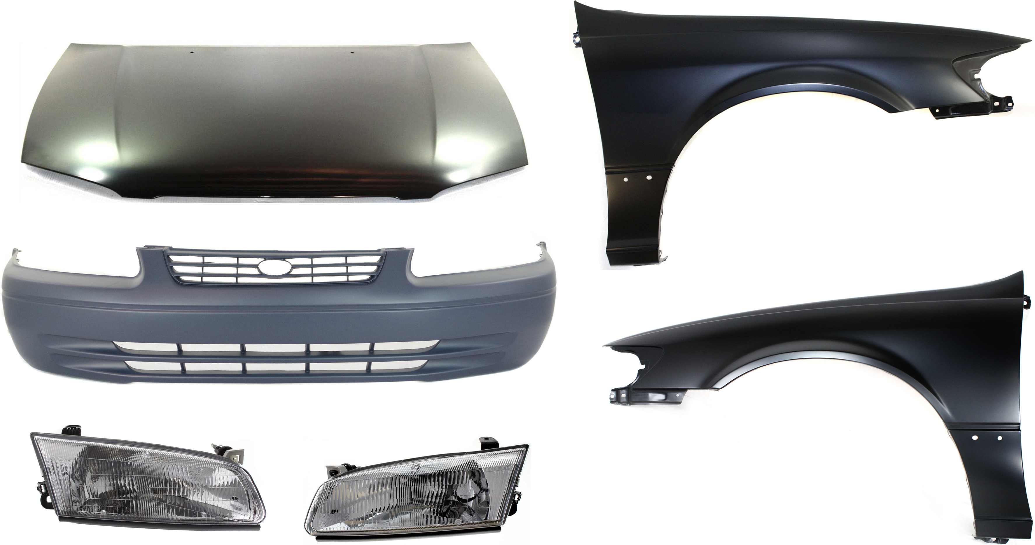 AM CAMRY 97-99 HOOD 6 pc Kit USA Built with Bumper Cover Fenders and Headlights SKU KIT 111016-72 Partslink TO1230167 TO1000187 TO1240162 TO1241162 TO2502117 TO2503117 OEM 53301AA040-52119AA901-53812AA0