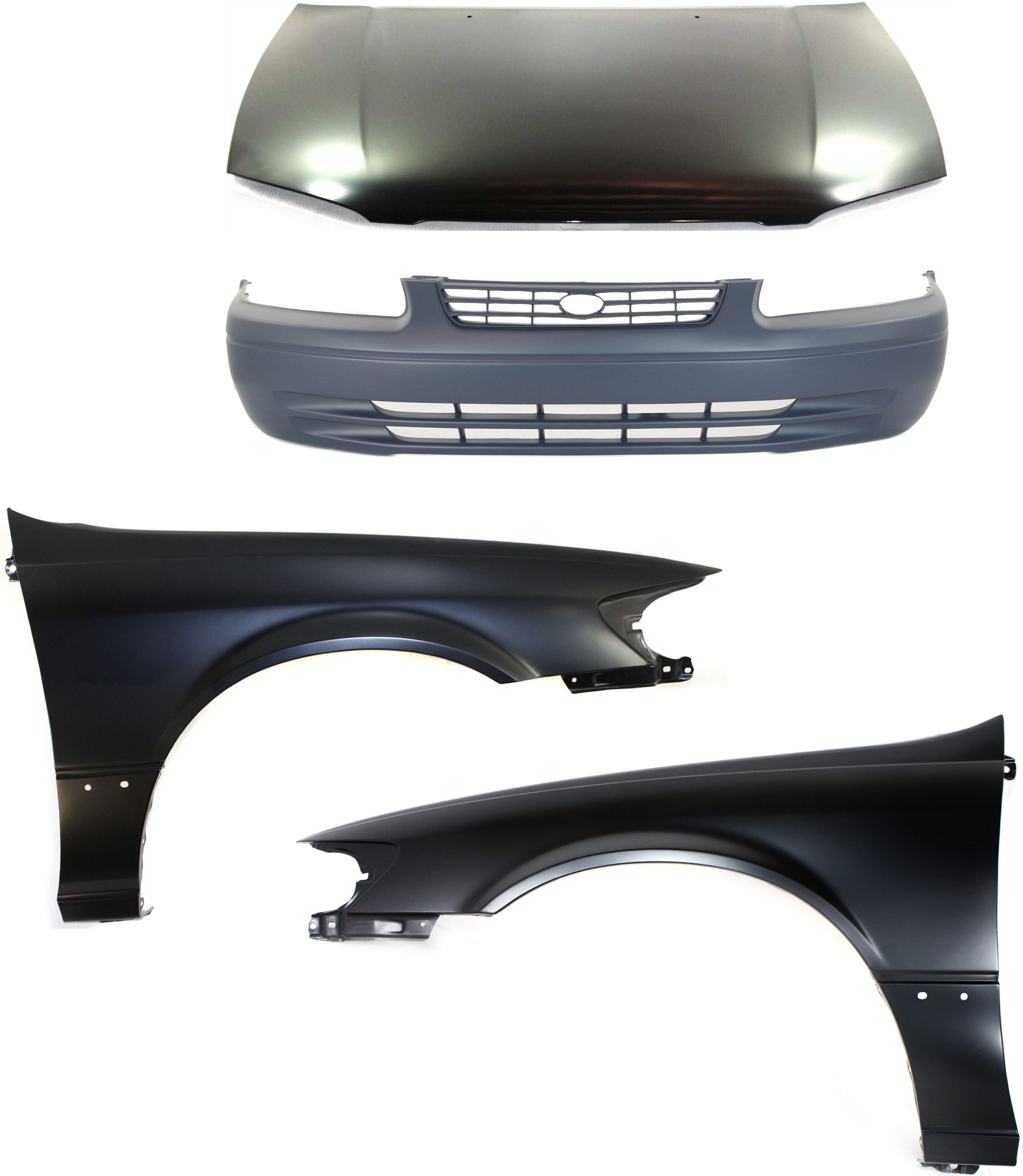 AM CAMRY 97-99 HOOD 4 pc Kit USA Built with Bumper Cover and Fenders SKU KIT 111016-73 Partslink TO1230167 TO1000187 TO1240162 TO1241162 OEM 53301AA040-52119AA901-53812AA0