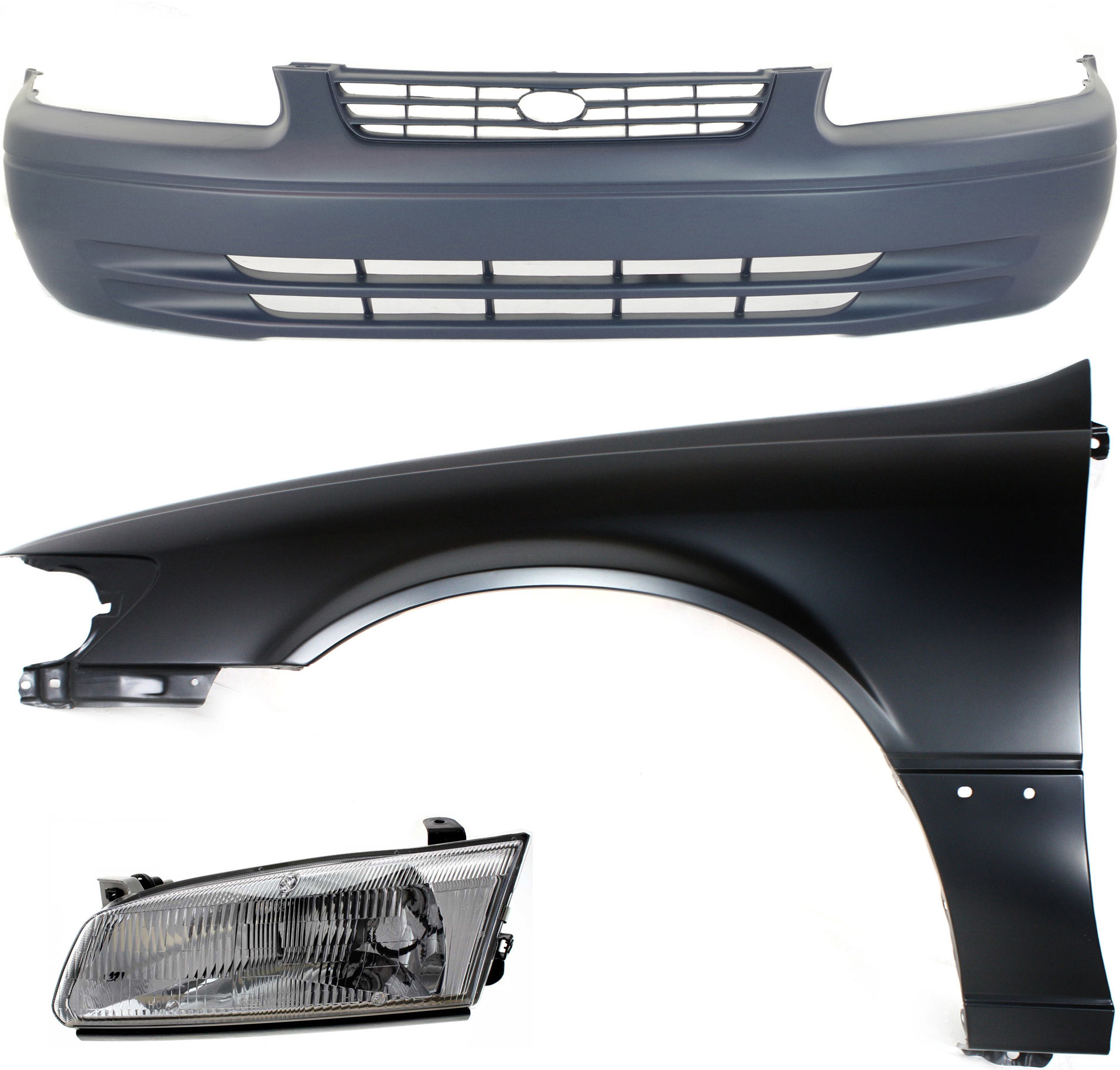 AM CAMRY 97-99 FRONT BUMPER COVER 3 pc Kit with Fender and Headlight SKU KIT 111016-75 Partslink TO1000187 TO1240162 TO2502117 OEM 52119AA901-53812AA020-81150AA0