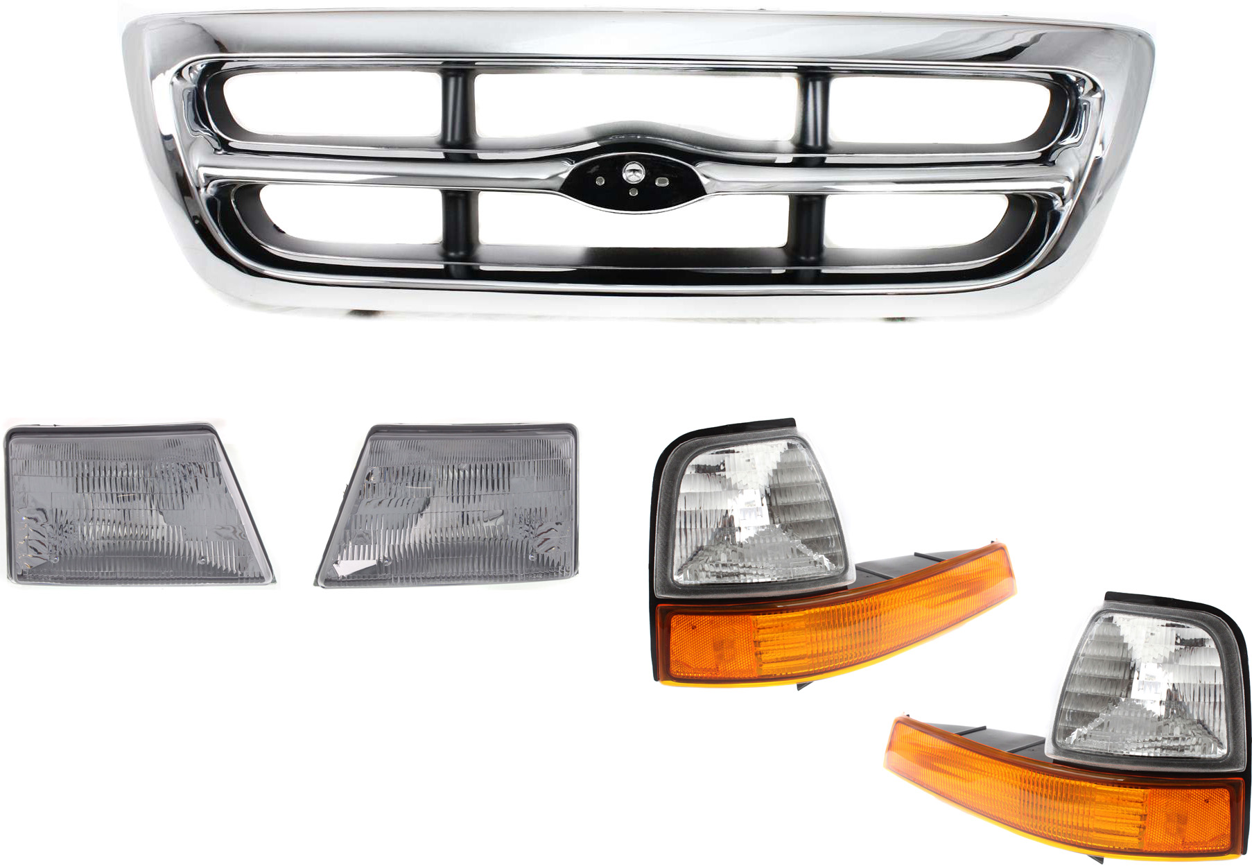 AM RANGER 98-00 GRILLE 5 pc Kit Chrome with Platinum Background w Corner Light and Headlight RWD XLT Model SKU KIT 111016-87 Partslink FO1200340 FO2520144 FO2521144 FO2502151 FO2503151 OEM F87Z8200EAA F87Z13201BA XL5Z13