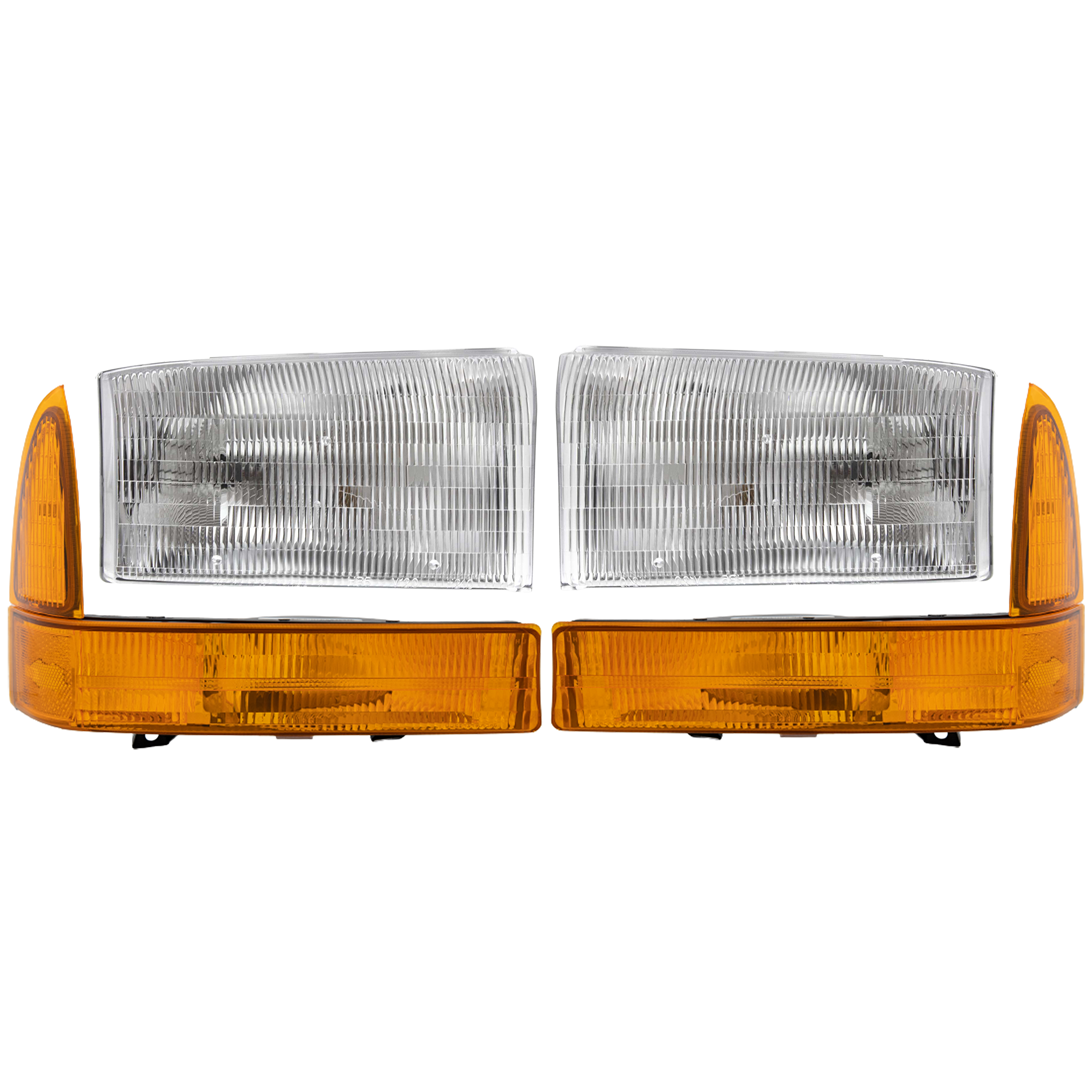 AM F SERIES SUPER DUTY 99-01 HEAD LAMP RH AND LH with Bulbs 4 pc Kit with Corner Lights SKU KIT 111016-88 Partslink FO2502147 FO2503147 FO2521141 FO2520141 OEM 1C3Z13008BA 1C3Z13008AA XC3Z13