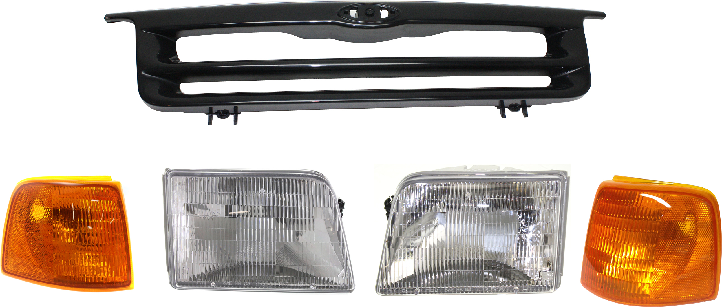 AM RANGER 93-94 GRILLE 5 pc Kit Styleside FWD with Corner Lights and Headlights SKU KIT 111016-98 Partslink FO1200296 FO2520118 FO2521116 FO2502119 FO2503115 OEM F37Z8200AA F37Z13201A F37Z1320