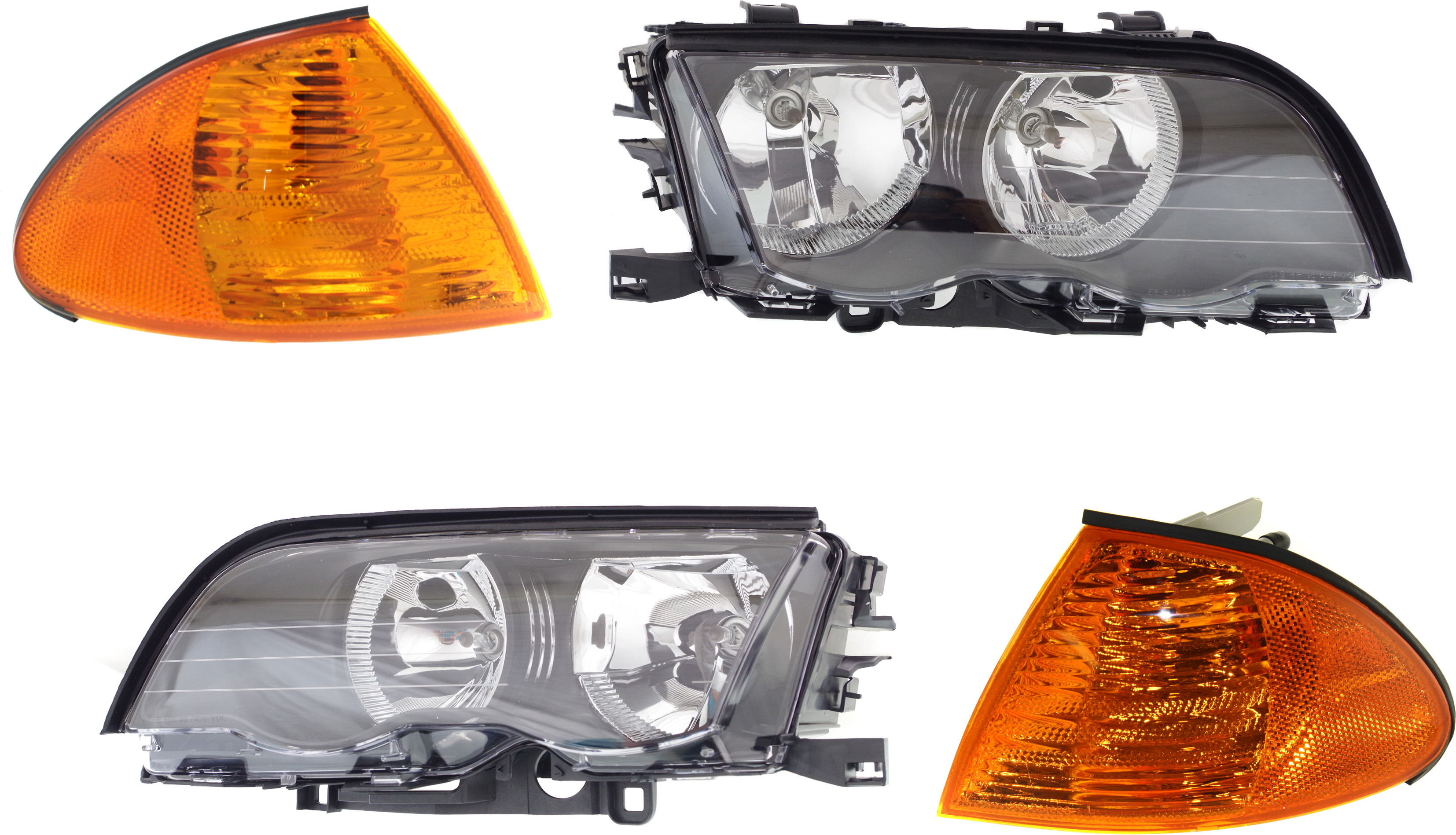 AM 3 SERIES 99-01 HEAD LAMP RH AND LH Assembly Halogen 4 pc Kit with Corner Lights SKU KIT 111016-99 Partslink BM2503102 BM2502102 BM2520104 BM2521104 OEM 63126902754-63126902753-631369