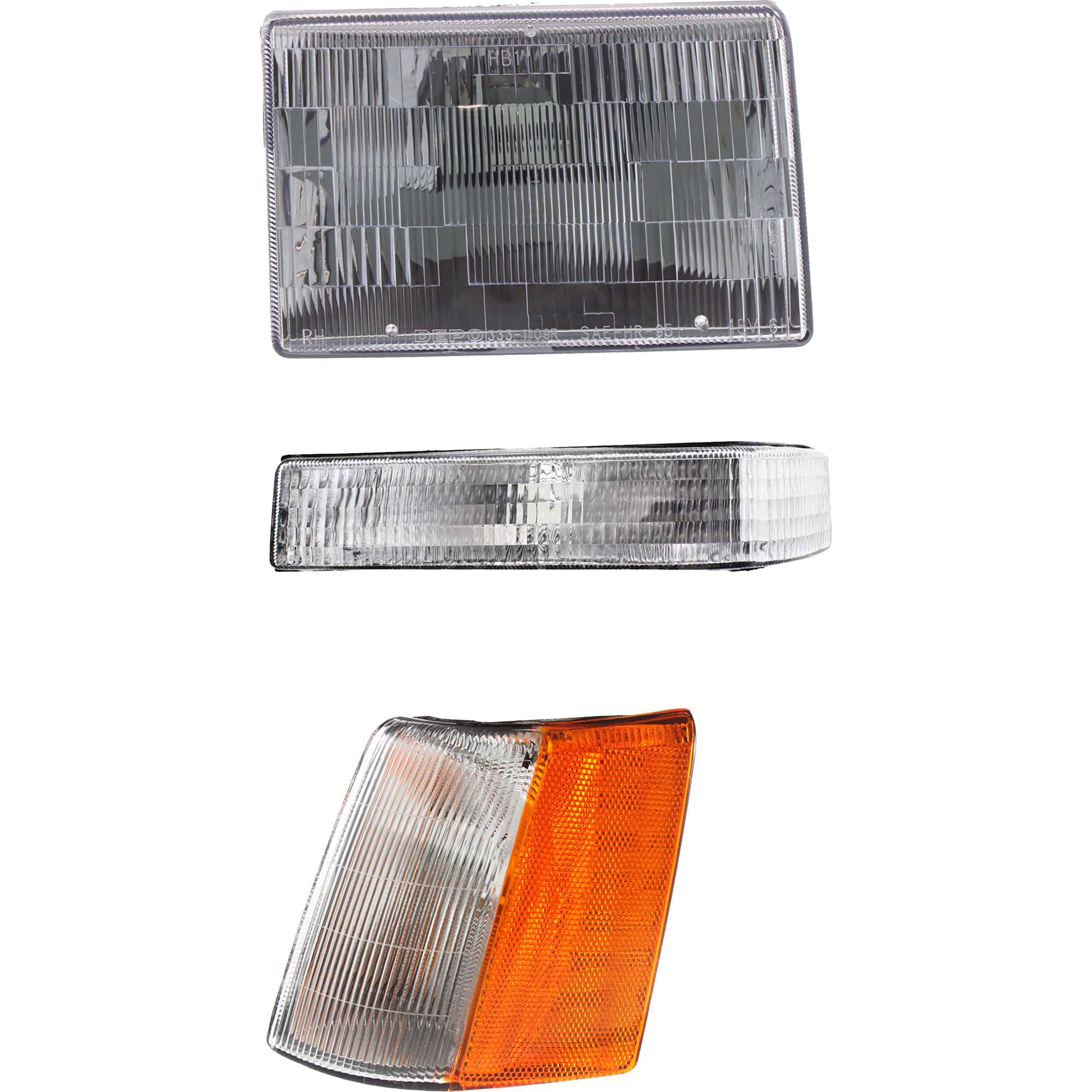 AM GRAND CHEROKEE 93-96 HEAD LAMP LH Assembly Halogen 3 pc Kit with Corner Light and Turn Signal Light SKU KIT 111116-03 Partslink CH2502104 CH2520121 CH2520120 OEM 55155127-55055119AB 56005105-5