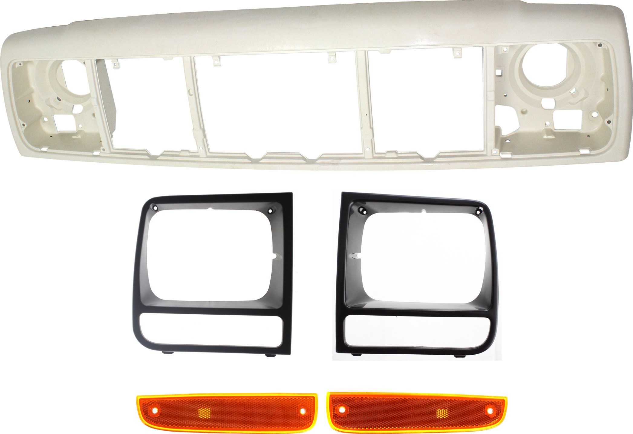 AM CHEROKEE 97-01 HEADER PANEL 5 pc Kit with Headlight Doors and Side Markers SKU KIT 111116-04 Partslink CH1220115 CH2512157 CH2513157 CH2550118 CH2551118 OEM 55055233AF 55055233AE 55055137