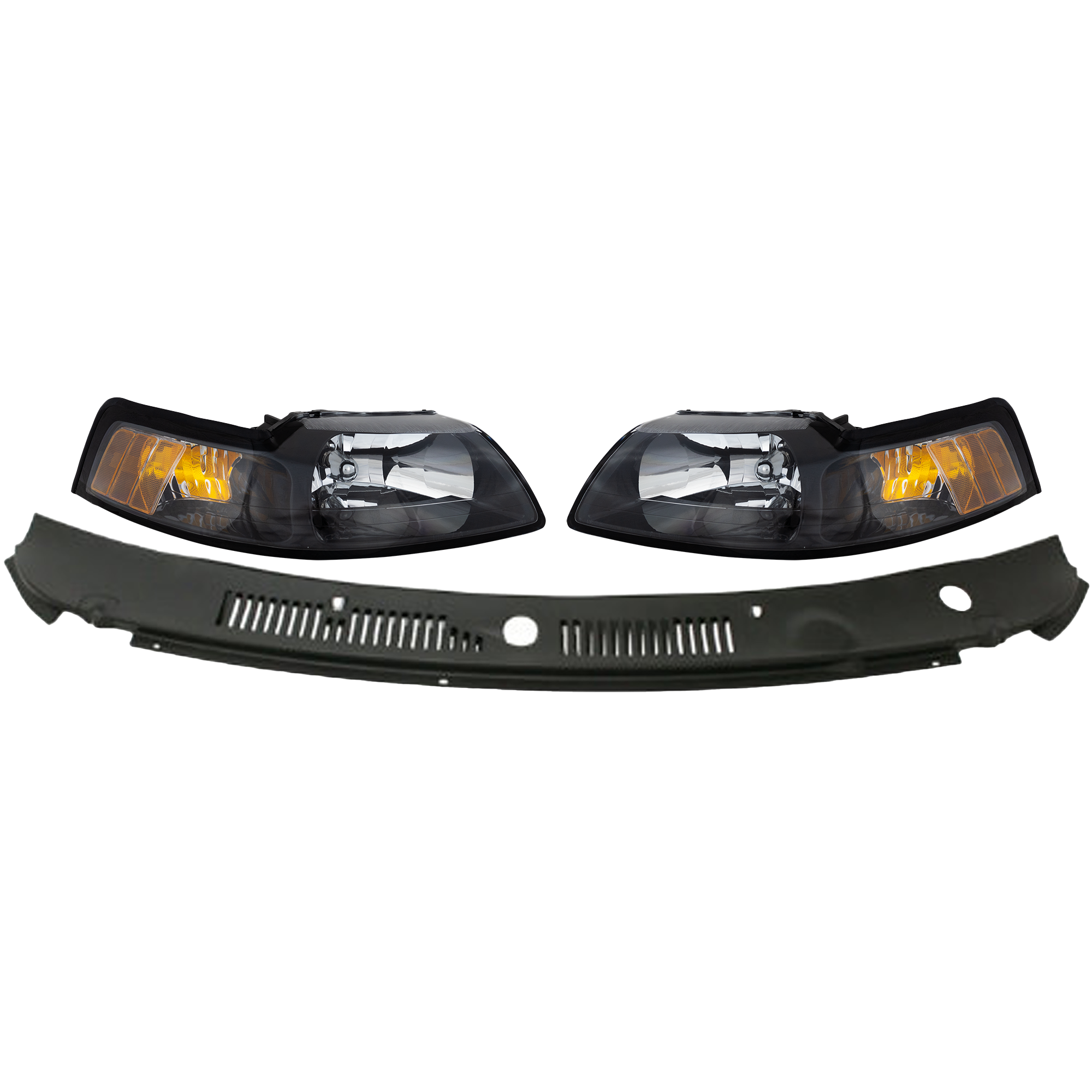 AM MUSTANG 99-04 COWL GRILLE 3 pc kit with Headlights SKU KIT 111116-06 Partslink FO1270102 FO2502177 FO2503177 OEM 3R3Z6302228AAA 3R3Z13008DA 3R3
