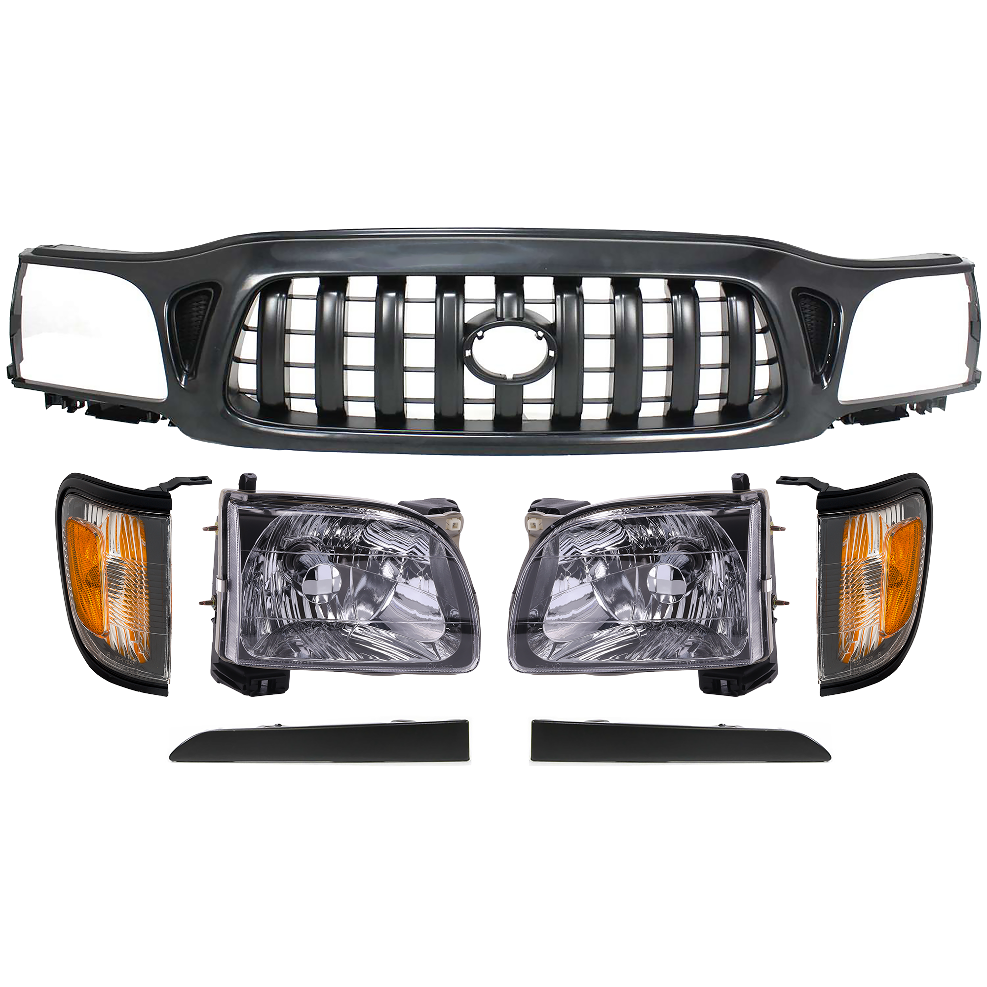 AM TACOMA 01-04 GRILLE 7 pc Kit with Corner Lights Headlight Fillers and Headlights SKU KIT 111116-07 Partslink TO1200246 TO2520163 TO2521163 TO2503136 TO2502136 TO1088108 TO1089108 OEM 5310004250C0-8162004090C0-8161