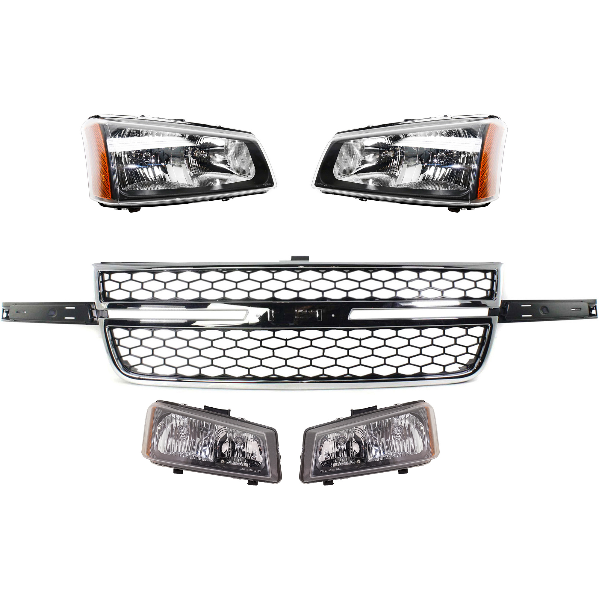 AM SILVERADO 1500-03-06 GRILLE 5 pc Kit Chrome Shell with Textured Black Insert with Headlights Includes 2007 Classic SKU KIT 111116-08 Partslink GM1200589 GM2502257 GM2503257 GM2502224 GM2503224 OEM 191223000000000000000000000