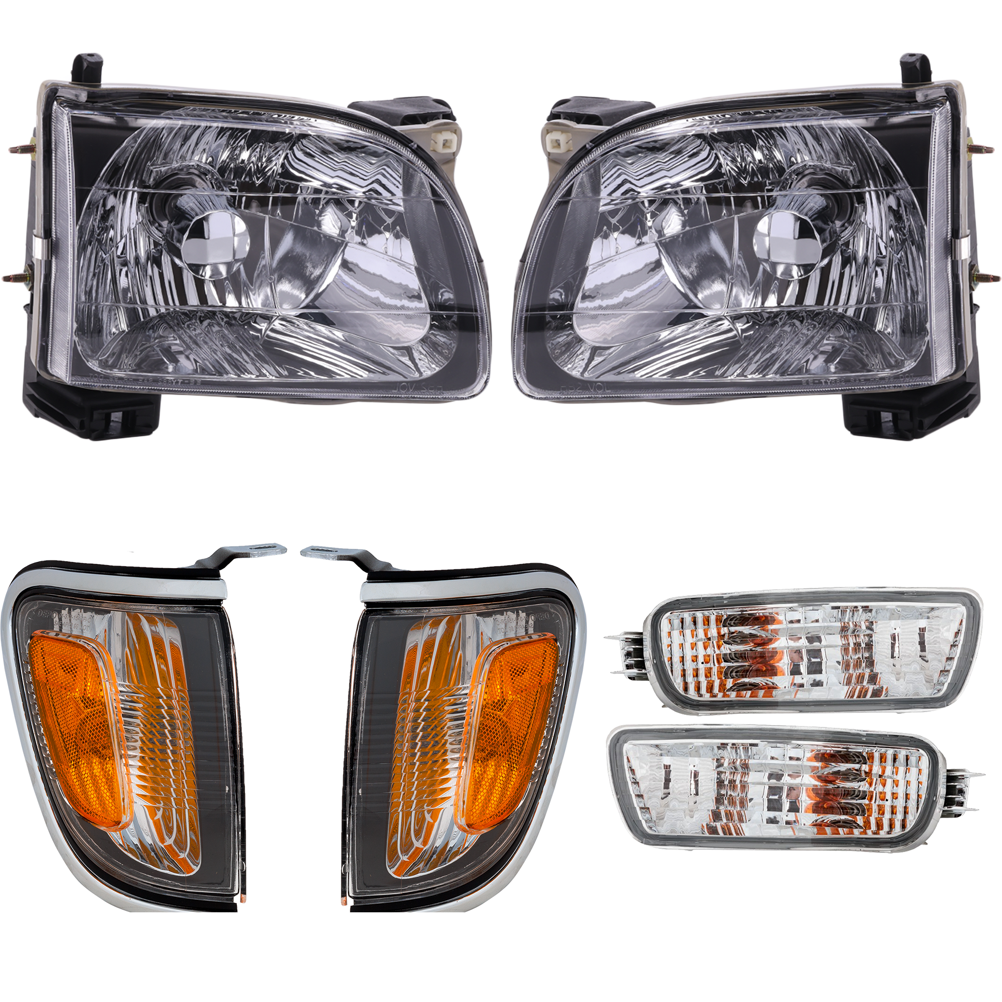 AM TACOMA 01-04 HEAD LAMP RH AND LH Assembly Halogen 6 pc Kit with Corner Lights and Turn Signal Lights SKU KIT 111116-11 Partslink TO2502136 TO2503136 TO2520161 TO2521161 TO2530140 TO2531140 OEM 8111004110-8115004110-81620040