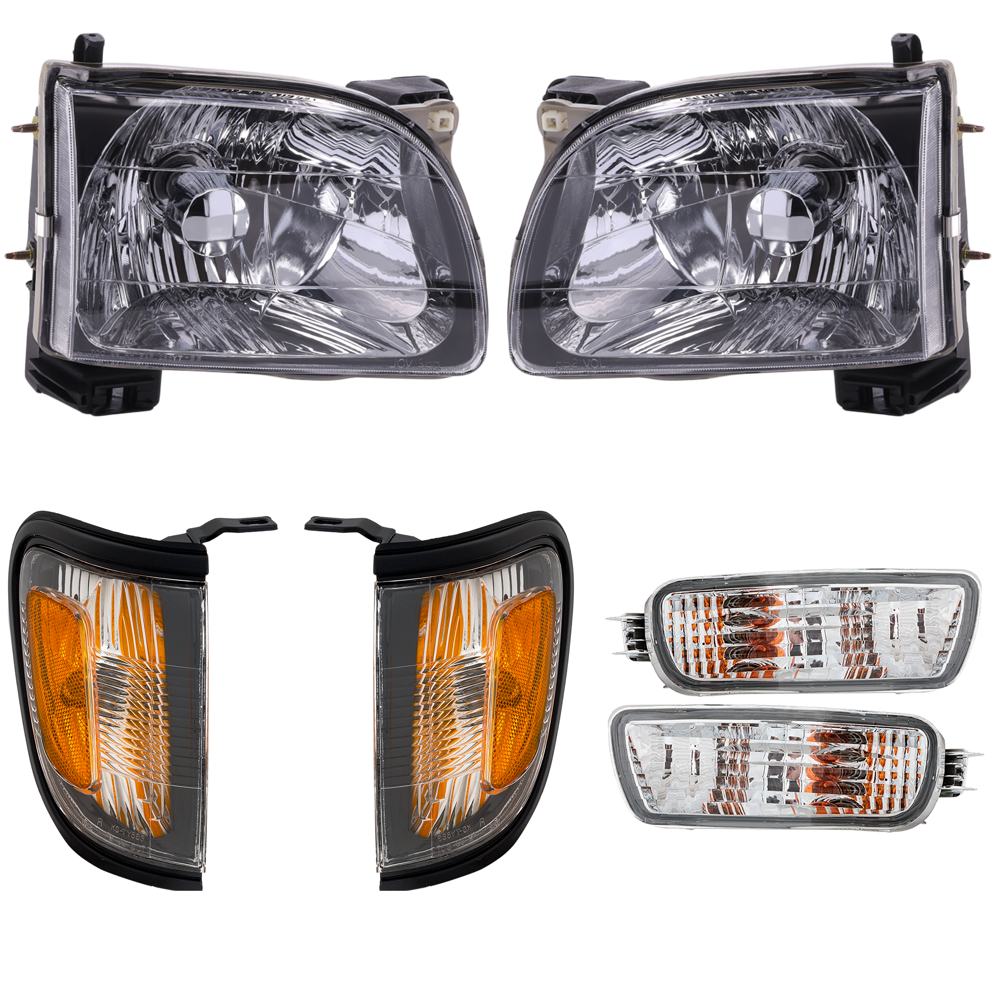 AM TACOMA 01-04 HEAD LAMP RH AND LH Assembly Halogen 6 pc Kit with Corner Lights and Turn Signal Lights SKU KIT 111116-12 Partslink TO2502136 TO2503136 TO2520163 TO2521163 TO2530140 TO2531140 OEM 8111004110-8115004110-81620040