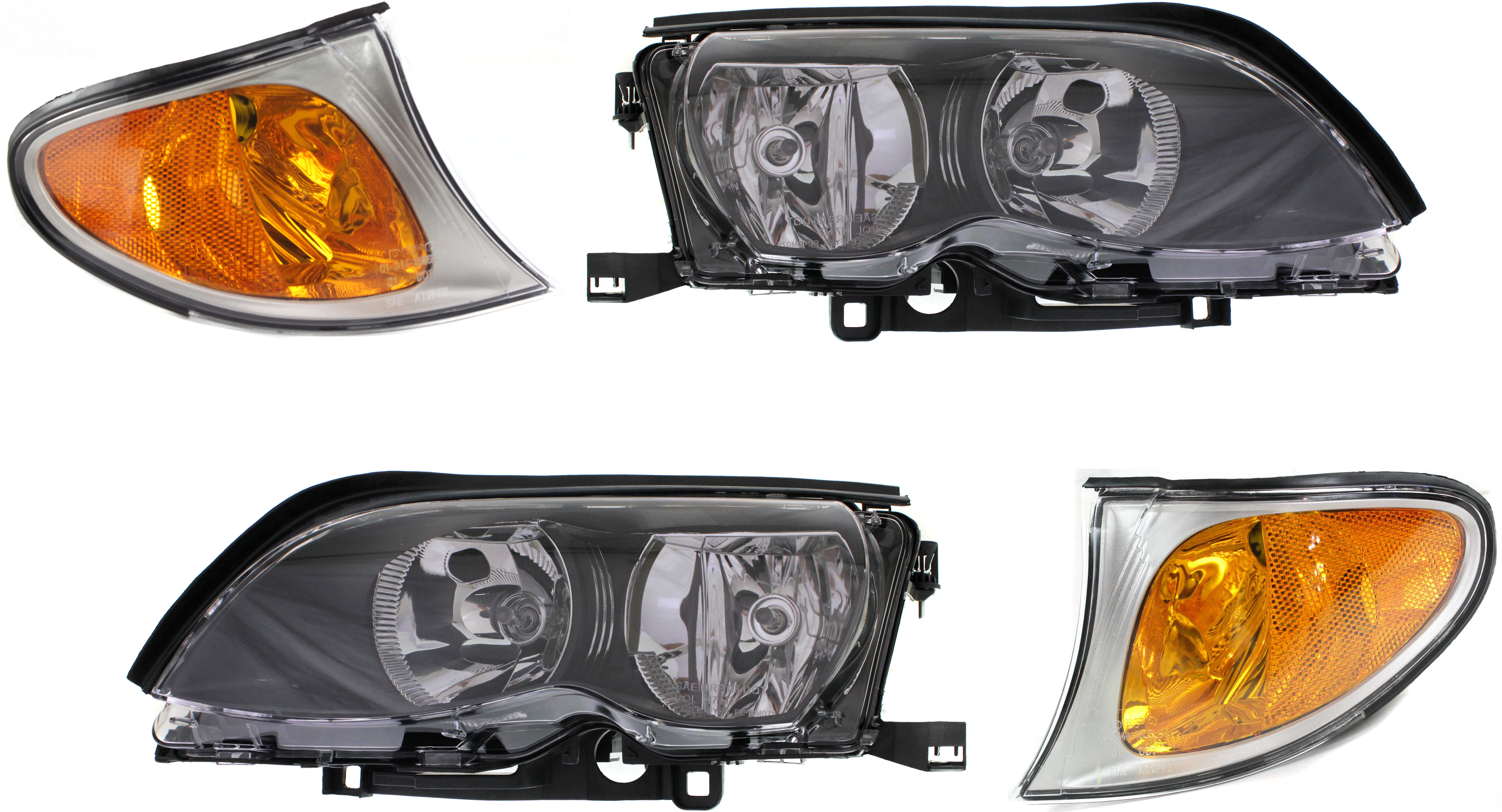 AM 3 SERIES 02-05 HEAD LAMP RH AND LH 4 pc Kit Assembly Halogen Amber Lens Titanium Gray Interior Sedan Wagon with Titanium Surround Trim Corner Lights SKU KIT 111116-17 Partslink BM2503122 BM2502122 BM2520110 BM2521110 OEM 63127165772-63127165771-631369