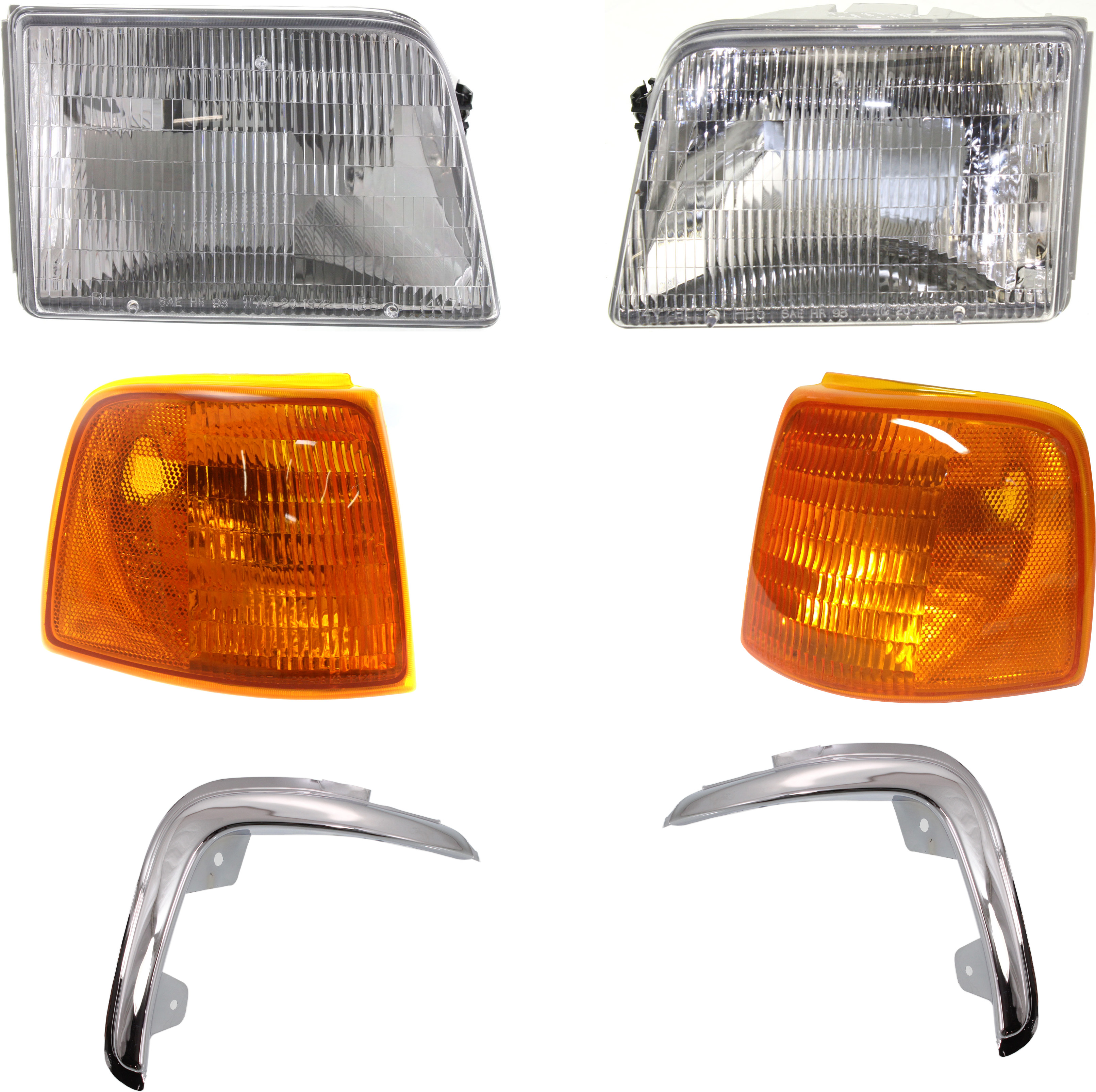 AM RANGER 93-94 HEAD LAMP RH AND LH with Bulbs 6 pc Kit with Corner Lights and Grille Assembly SKU KIT 111116-19 Partslink FO2503115 FO2502119 FO2520118 FO2521116 FO1212103 FO1213103 OEM F37Z13008A F37Z13008B F37Z1320