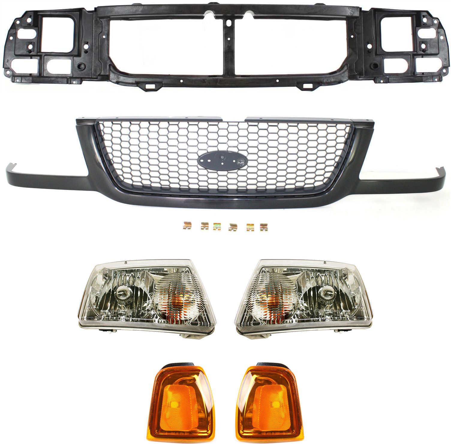 AM RANGER 01-03 GRILLE Painted Black Shell w Painted Gray Insert Edison Twin Cities Plant 6 pc kit w Corner Lights Header Panel and Headlights SKU KIT 111116-23 Partslink FO1200395 FO1220219 FO2502173 FO2503173 OEM 3L5Z8200BA 1L5Z15A201BA PFM 1L