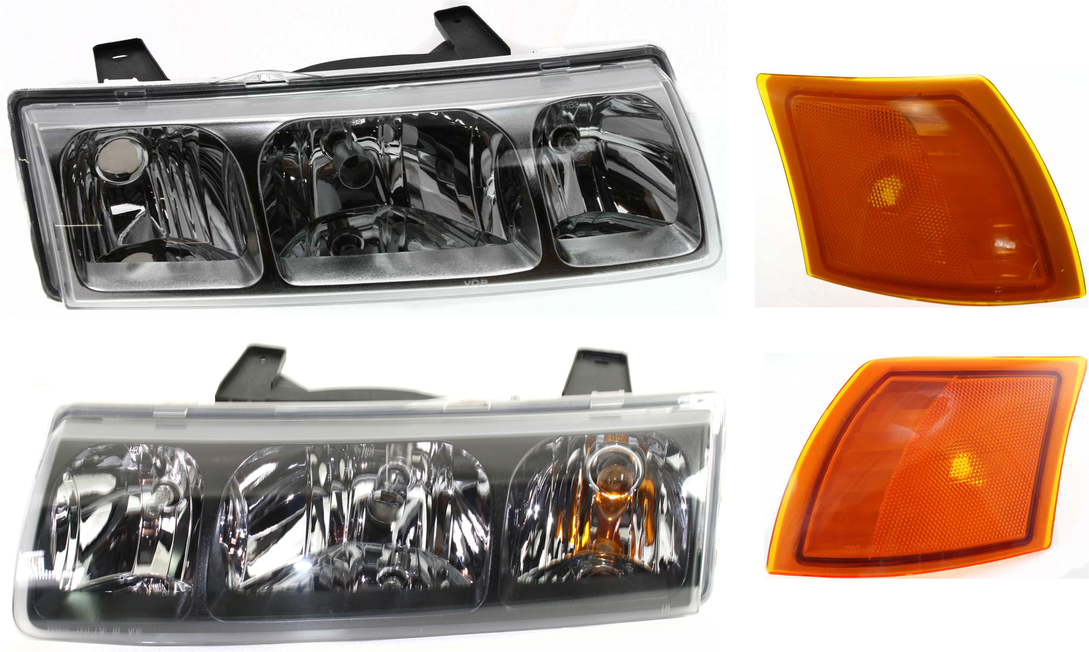 AM VUE 02-04 HEAD LAMP RH AND LH Assembly Halogen 4 pc Kit with Side Markers SKU KIT 111116-24 Partslink GM2503228 GM2502228 GM2550188 GM2551188 OEM 22702946-22702945-22700024-227