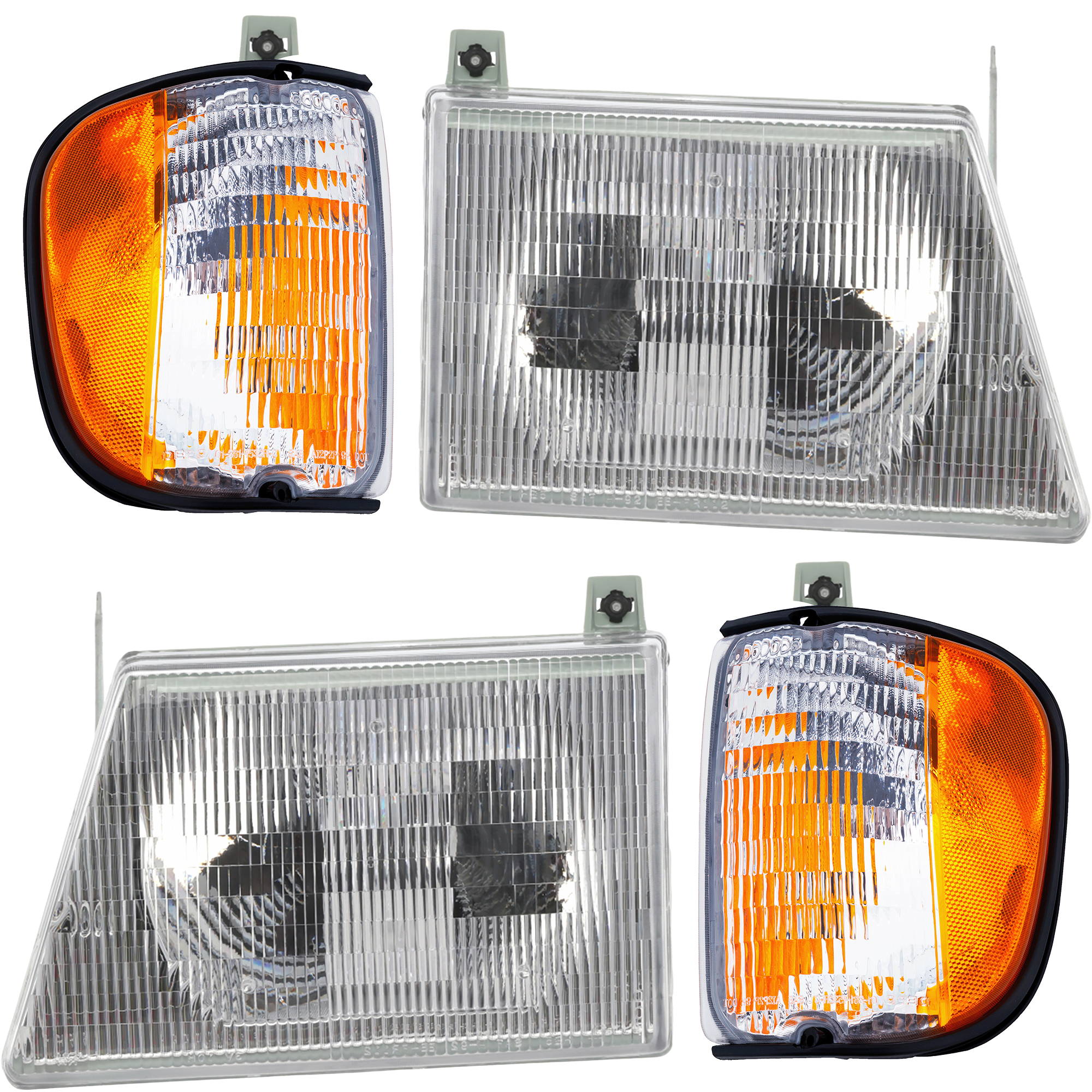 AM ECONOLINE VAN 97-03 HEAD LAMP RH AND LH with Bulbs 4 pc Kit with Corner Lights SKU KIT 111116-27 Partslink FO2503153 FO2502153 FO2520122 FO2521122 OEM 6C2Z13008AA 6C2Z13008BA F2UZ13
