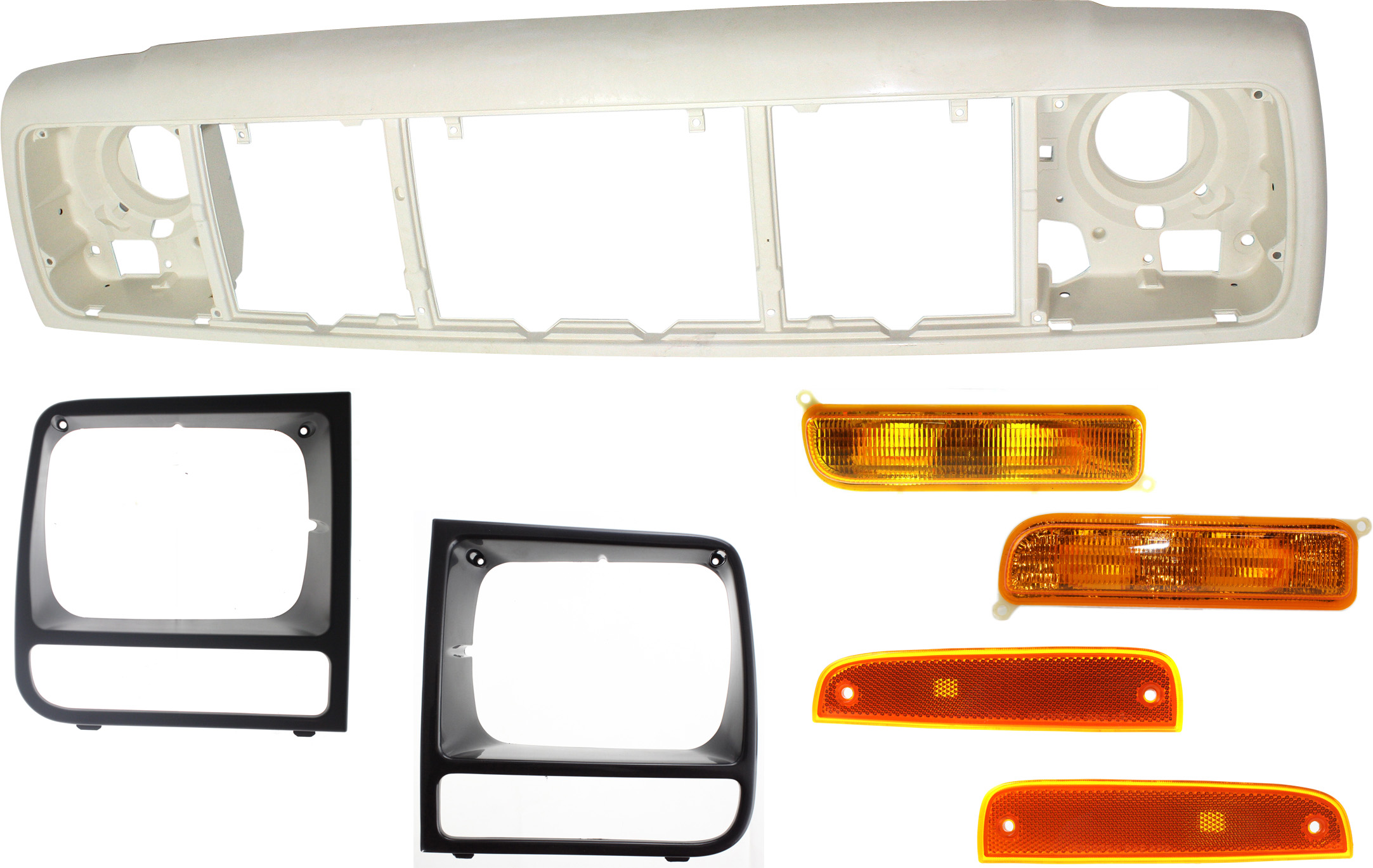 AM CHEROKEE 97-01 HEADER PANEL 7 pc Kit with Headlight Doors Side Markers and Turn Signal Lights SKU KIT 111116-36 Partslink CH1220115 CH2512157 CH2513157 CH2550118 CH2551118 CH2520127 CH2521127 OEM 55055233AF 55055233AE 55055137