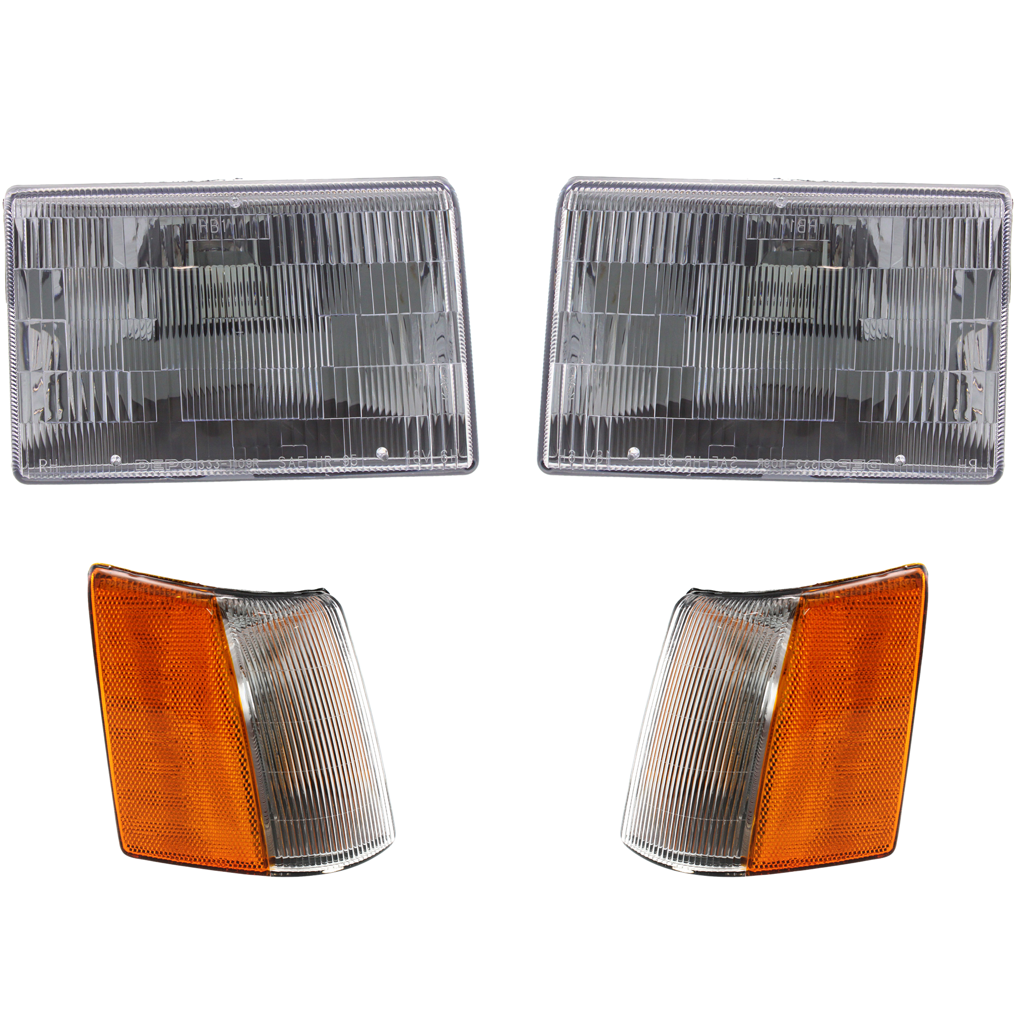 AM GRAND CHEROKEE 93-98 HEAD LAMP RH AND LH Assembly Halogen 4 pc Kit with Corner Lights SKU KIT 111116-39 Partslink CH2503104 CH2502104 CH2520121 CH2521121 OEM 55155126-55055118AB 55155127-5