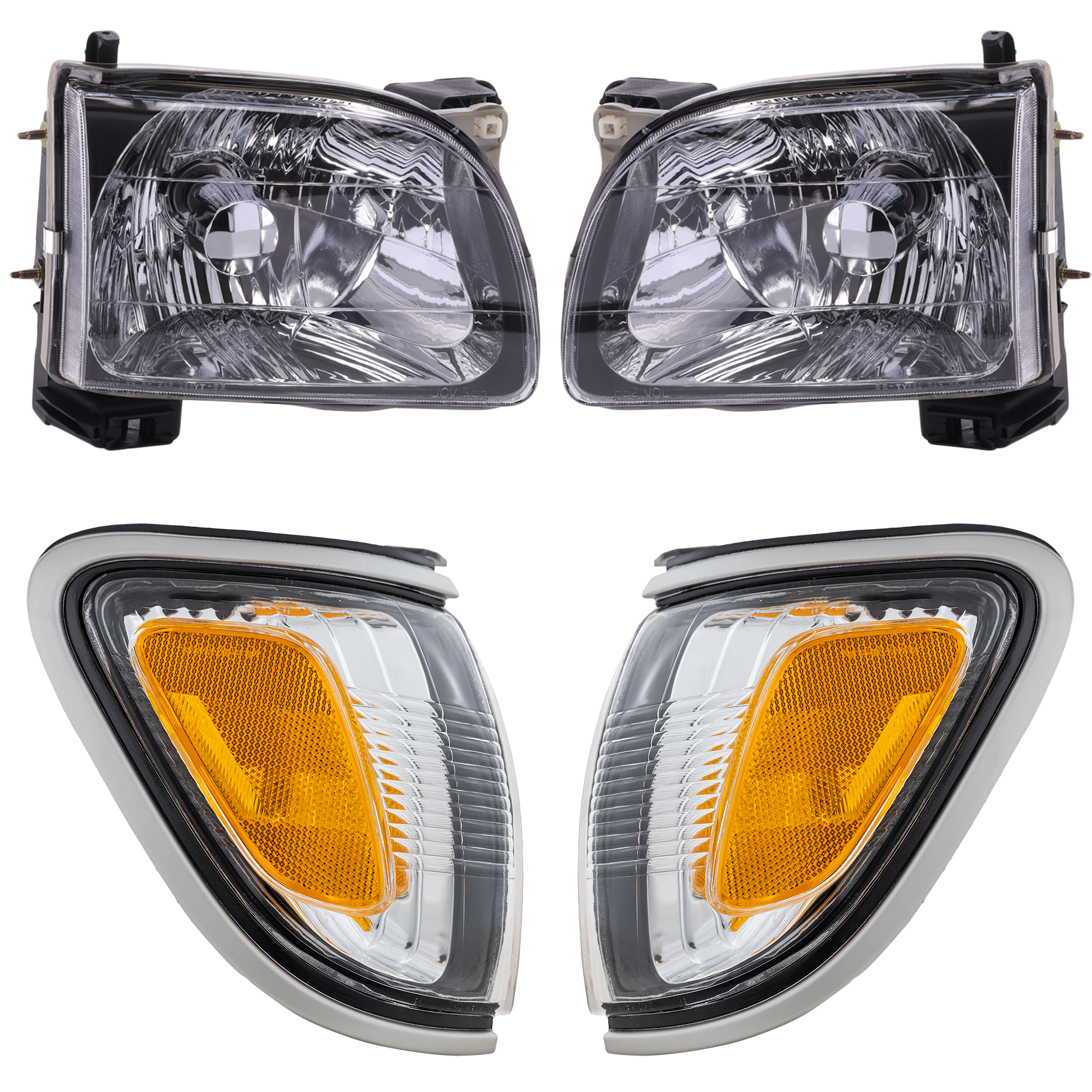 AM TACOMA 01-04 HEAD LAMP RH AND LH Assembly Halogen 4 pc Kit with Corner Lights SKU KIT 111116-46 Partslink TO2502136 TO2503136 TO2520162 TO2521162 OEM 8111004110-8115004110-81620040