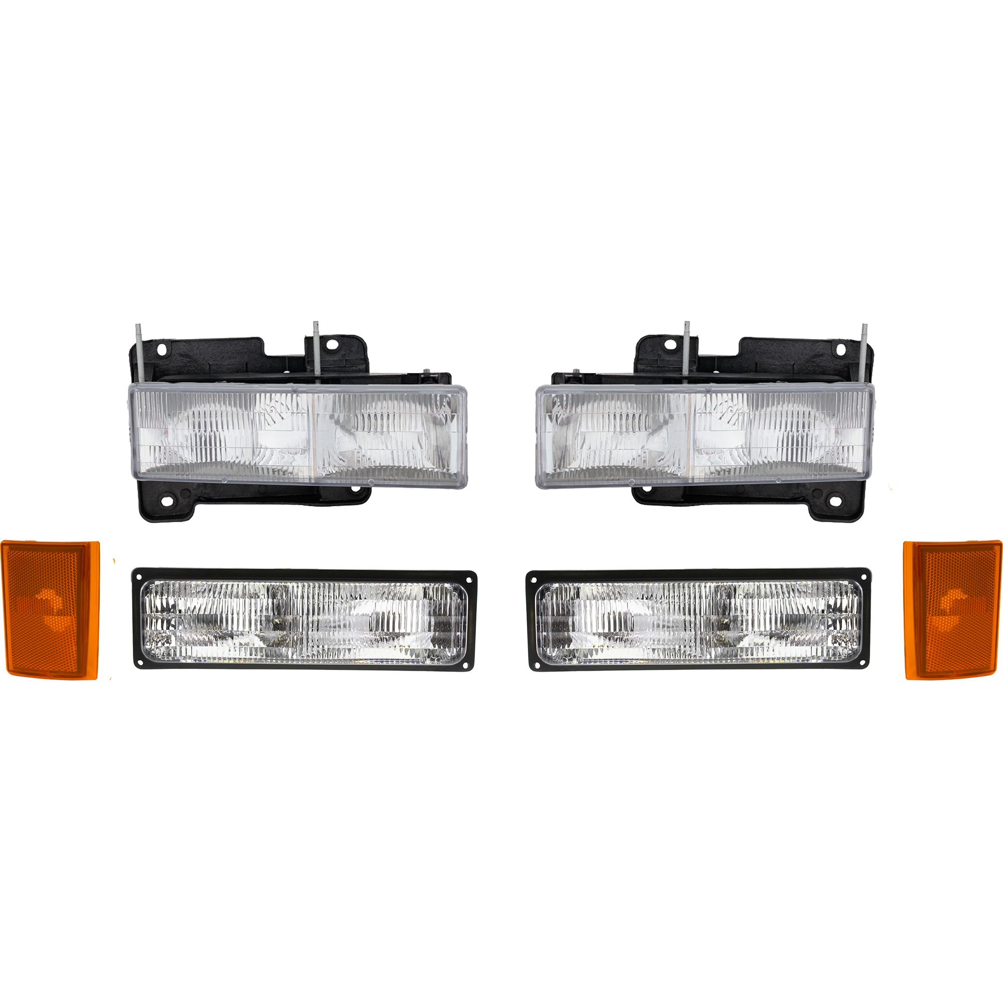 AM CHEVROLET C K FULL SIZE PICKUP 90-93 HEAD LAMP RH AND LH Assembly Halogen 6 pc Kit with Side Markers and Turn Signal Lights SKU KIT 111116-47 Partslink GM2502101 GM2503101 GM2550105 GM2551105 GM2520108 GM2521108 OEM 15034929-15034930-5975195-5975
