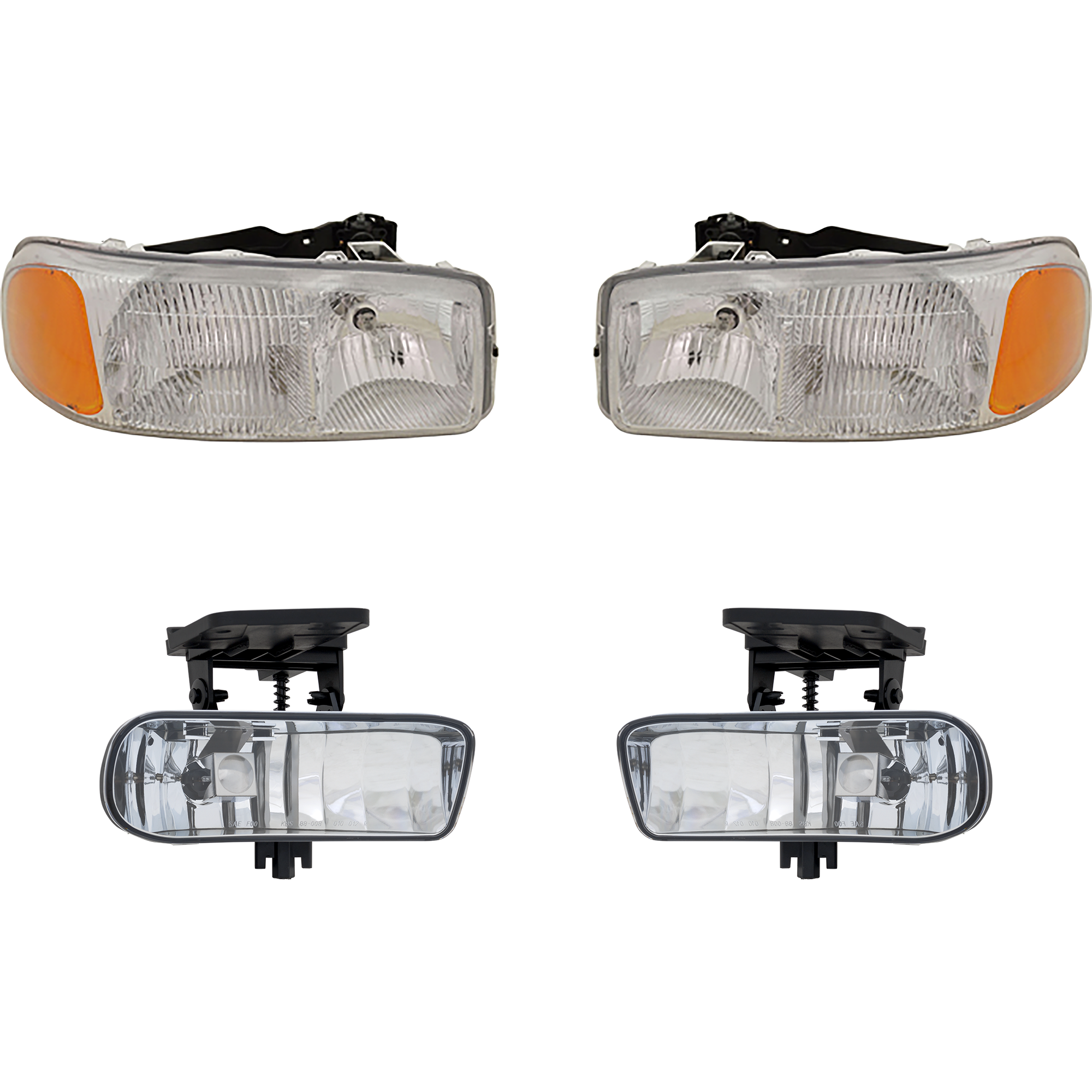 AM SIERRA 99-02 YUKON 00-06 HEAD LAMP RH AND LH Assembly Halogen 4 pc Kit with Fog Lights SKU KIT 111116-48 Partslink GM2502188 GM2503188 GM2592110 GM2593110 OEM 15850351-15850352-10385054-103