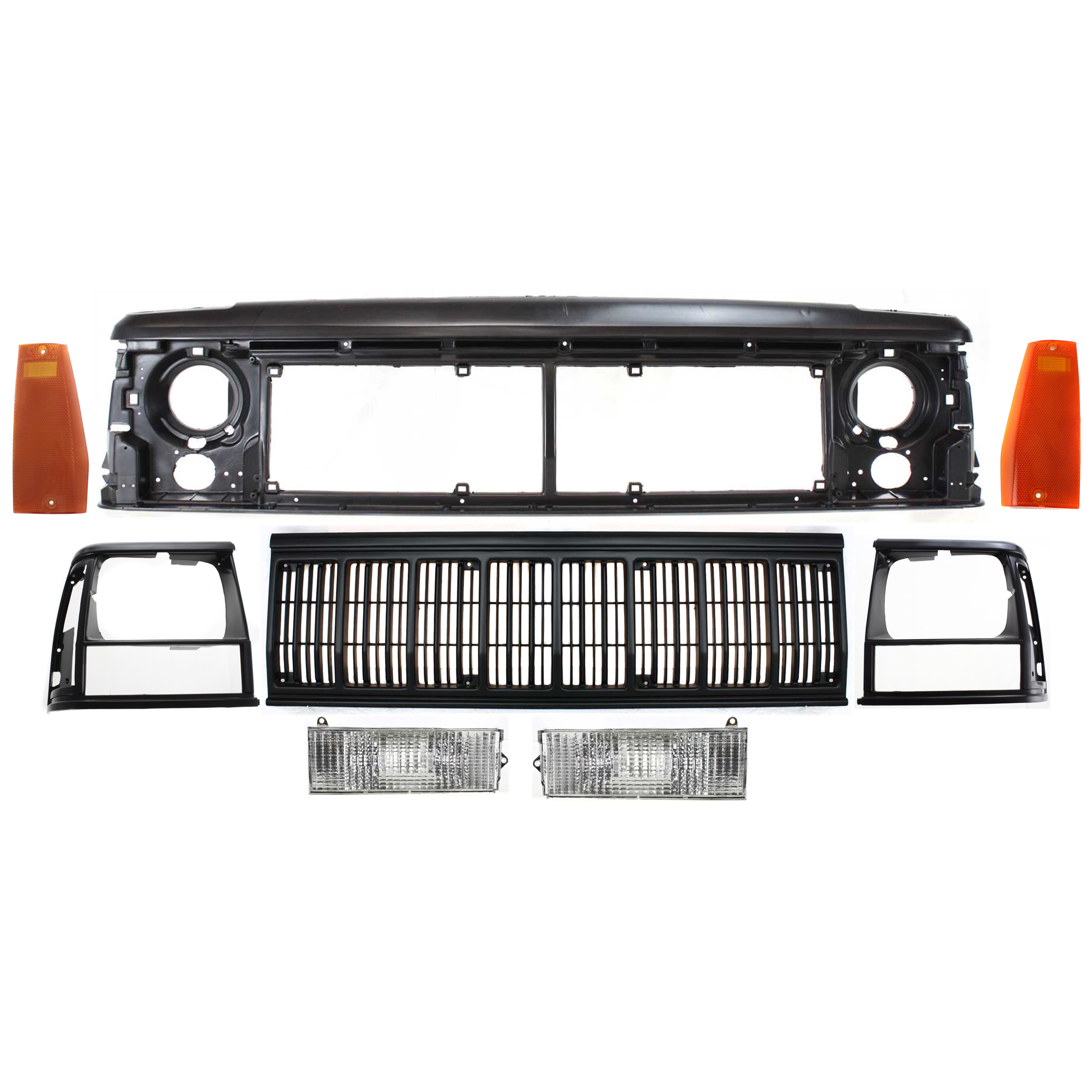 AM CHEROKEE 91-96 HEADER PANEL 8 pc Kit with Grille Headlight Doors Side Markers and Turn Signal Lights SKU KIT 111116-49 Partslink CH1220107 CH1200176 CH2512124 CH2513124 CH2550113 CH2551113 CH2530101 CH2531101 OEM 55294926-55034046-5DV51TZZ 5DV