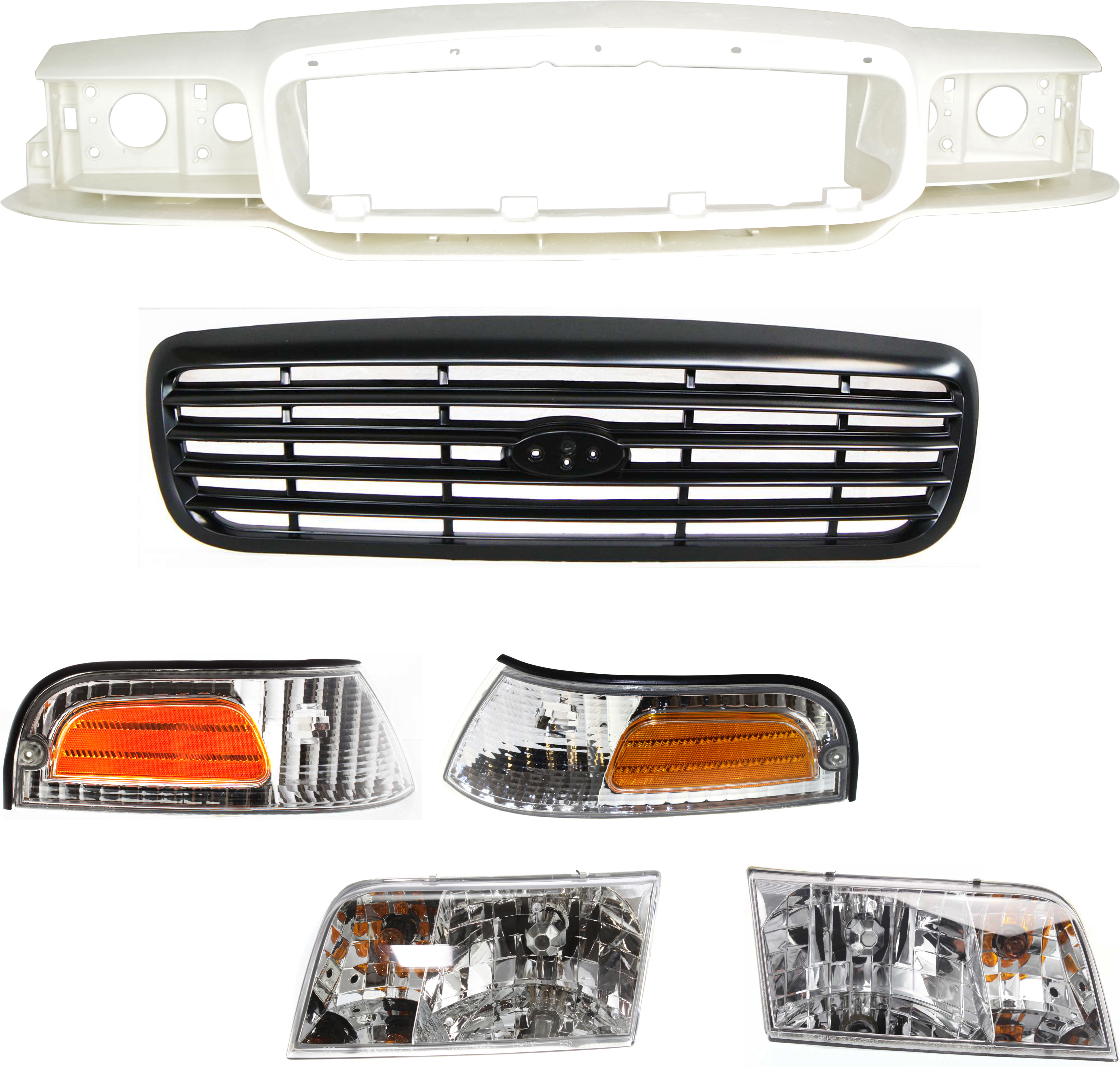 AM CROWN VICTORIA 98-11 HEADER PANEL 6 pc Kit with Corner Lights Grille and Headlights Sedan SKU KIT 111116-52 Partslink FO1220209 FO2520147 FO2521147 FO1200379 FO2502200 FO2503200 OEM 6W7Z8190A XW7Z15A201BB XW7Z15A